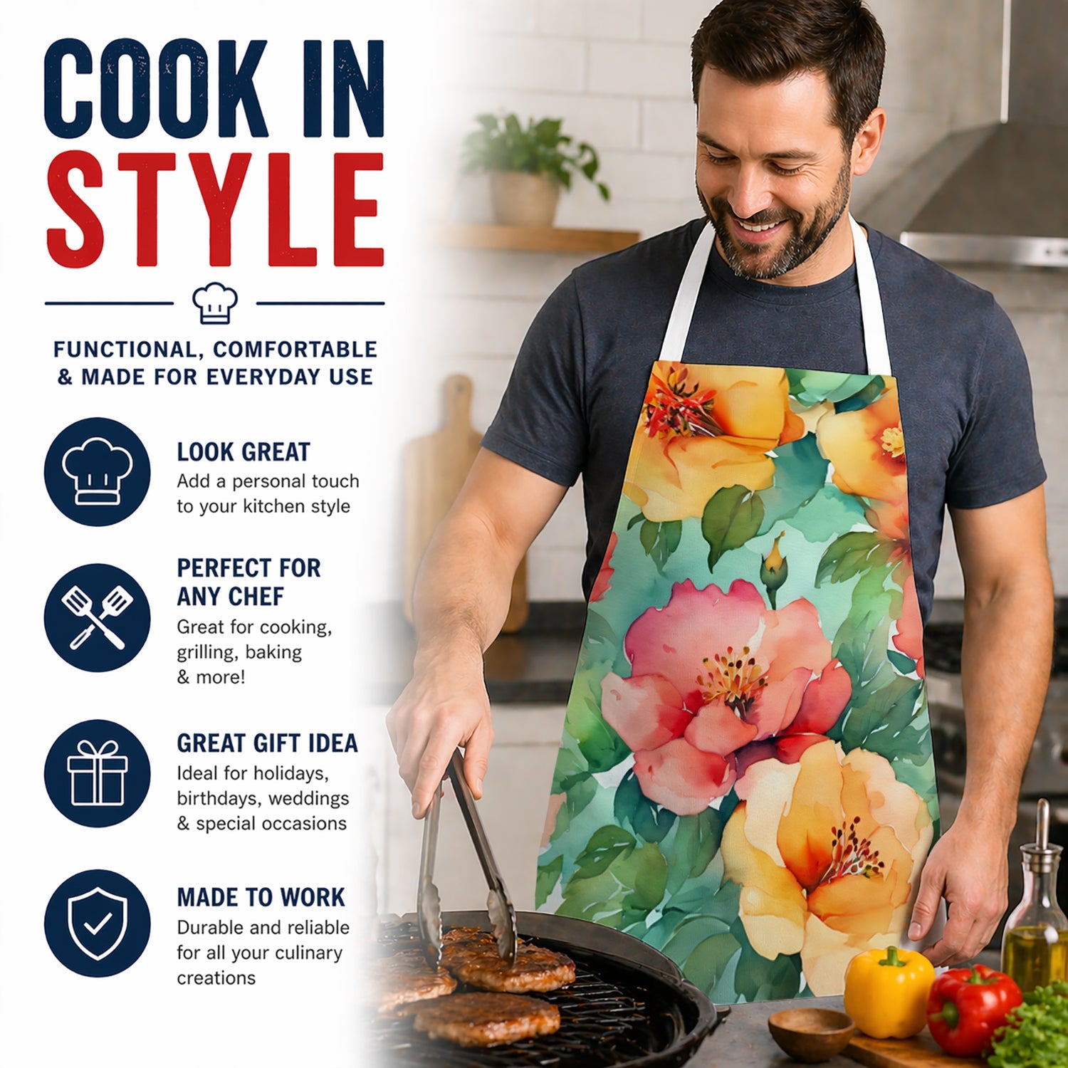 Georgia Cherokee Rose in Watercolor Apron Cooking Kitchen Server Baking Crafts Gardening for Adult Women Men, Unisex, Large, Multicolor