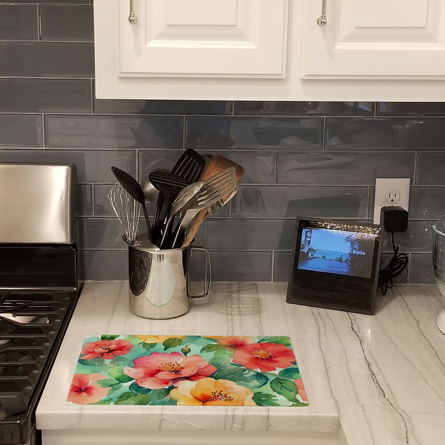 Georgia Cherokee Rose in Watercolor Cutting Board Tempered Glass Kitchen Cutting Surface, Heat Resistant Chopping, Non-Slip Feet, Food Prep & Serving