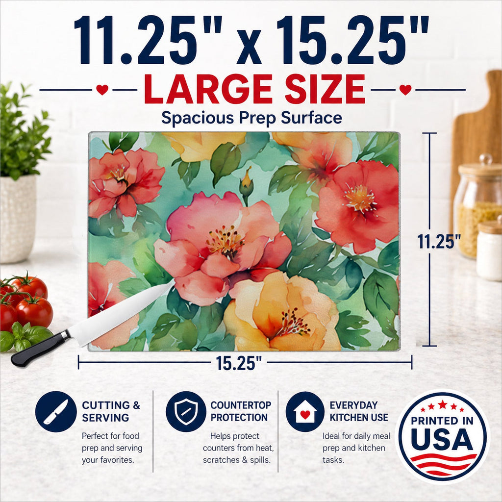Georgia Cherokee Rose in Watercolor Cutting Board Tempered Glass Kitchen Cutting Surface, Heat Resistant Chopping, Non-Slip Feet, Food Prep & Serving