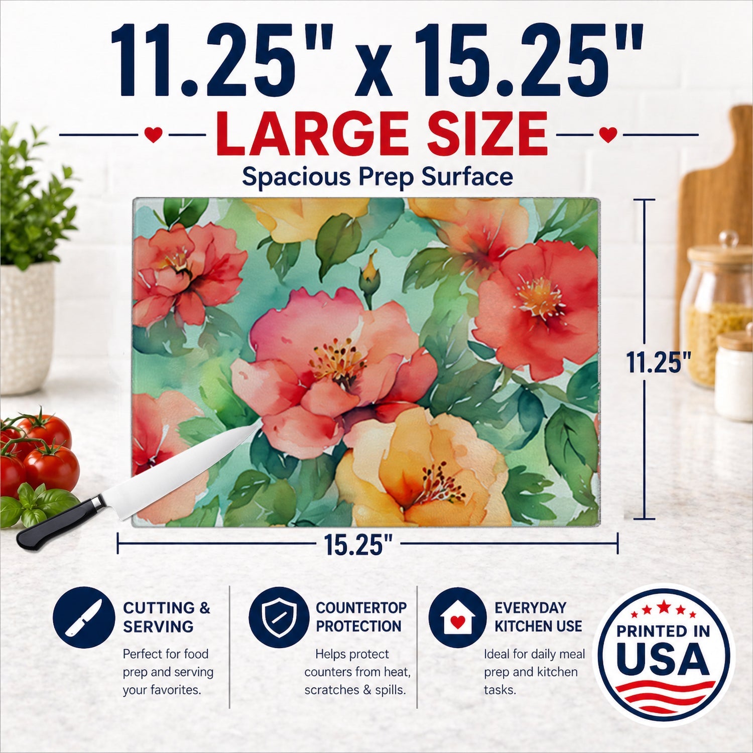 Georgia Cherokee Rose in Watercolor Cutting Board Tempered Glass Kitchen Cutting Surface, Heat Resistant Chopping, Non-Slip Feet, Food Prep & Serving