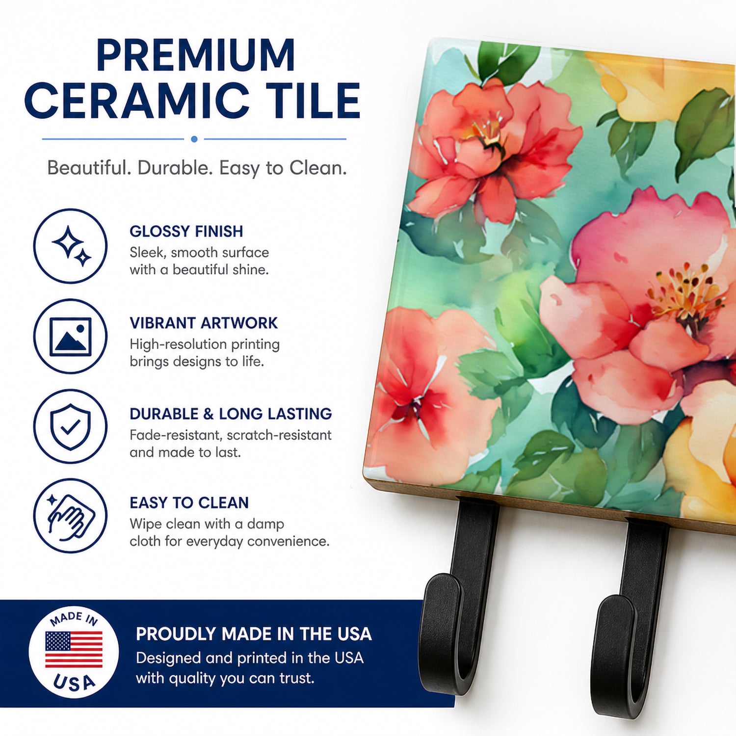 Georgia Cherokee Rose in Watercolor Leash or Key Holder Wall Hooks, Coat Rack Wall Mount, for Hanging Keys, Towels, Aprons, Leashes