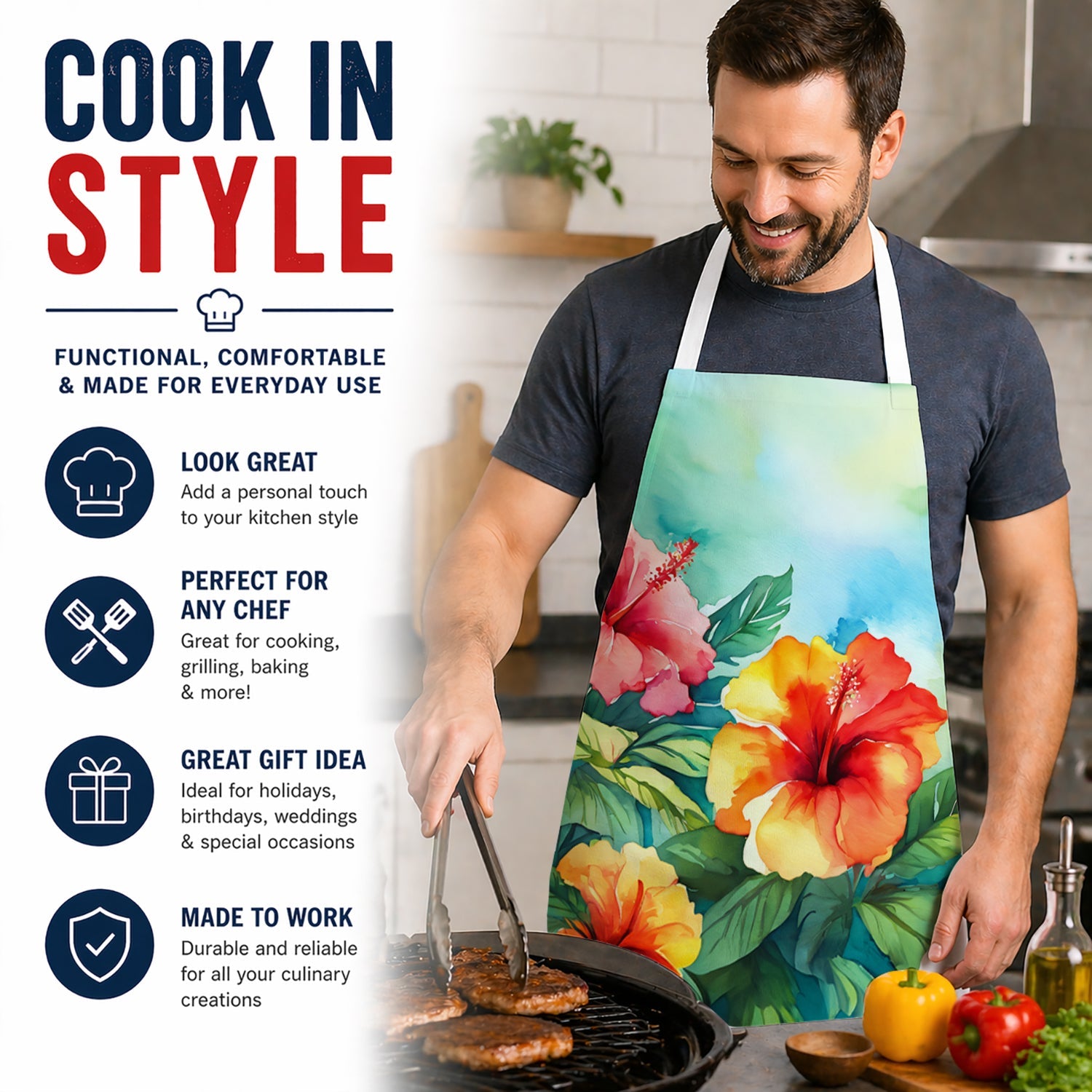 Hawaii Hawaiian Hibiscus in Watercolor Apron Cooking Kitchen Server Baking Crafts Gardening for Adult Women Men, Unisex, Large, Multicolor