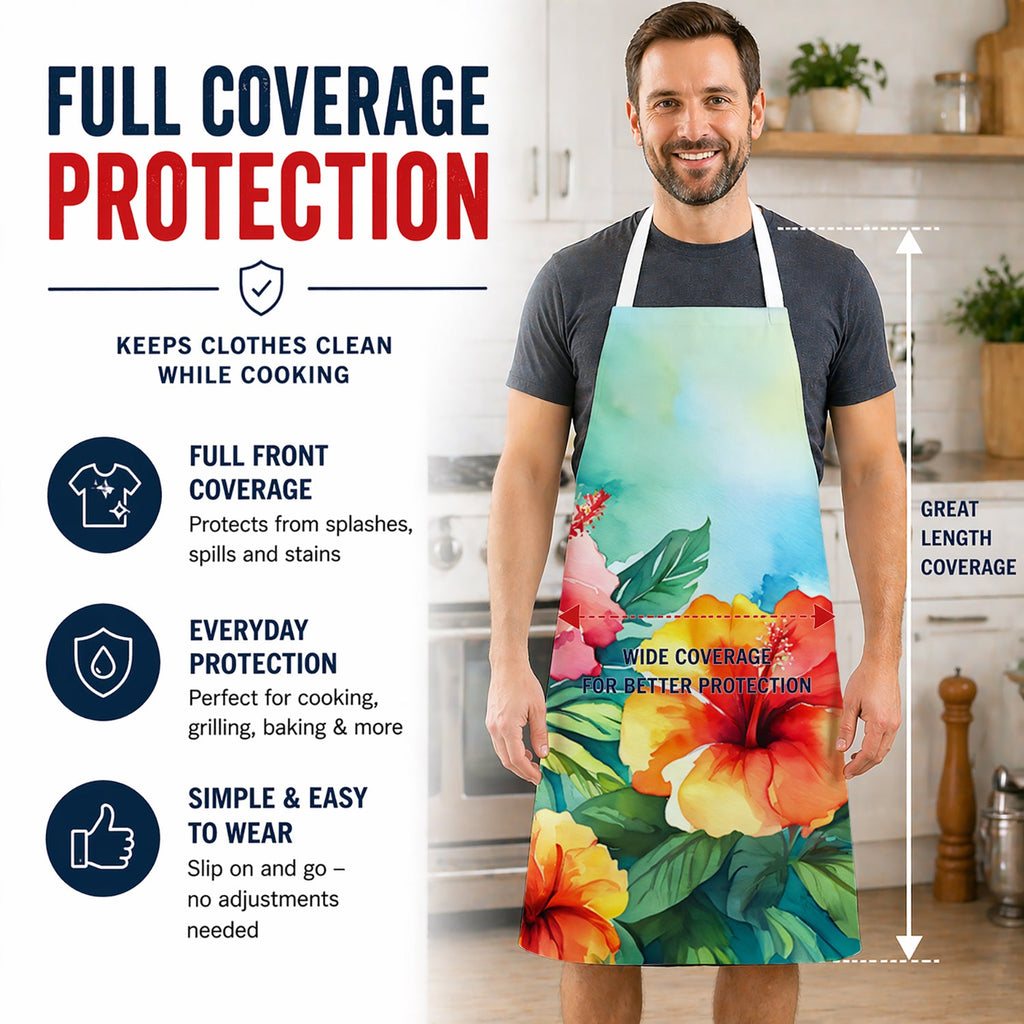Hawaii Hawaiian Hibiscus in Watercolor Apron Cooking Kitchen Server Baking Crafts Gardening for Adult Women Men, Unisex, Large, Multicolor