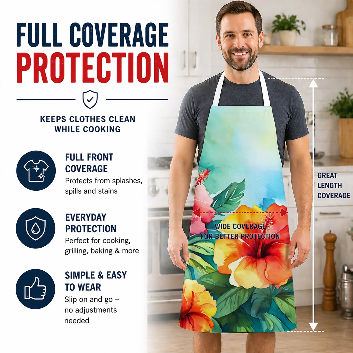 Hawaii Hawaiian Hibiscus in Watercolor Apron Cooking Kitchen Server Baking Crafts Gardening for Adult Women Men, Unisex, Large, Multicolor