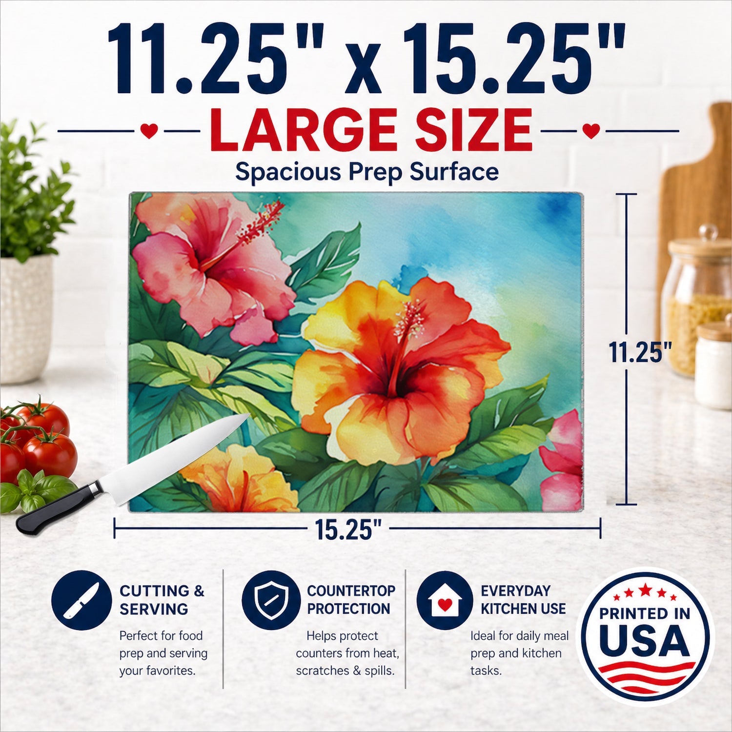 Hawaii Hawaiian Hibiscus in Watercolor Cutting Board Tempered Glass Kitchen Cutting Surface, Heat Resistant Chopping, Non-Slip Feet, Food Prep & Serving
