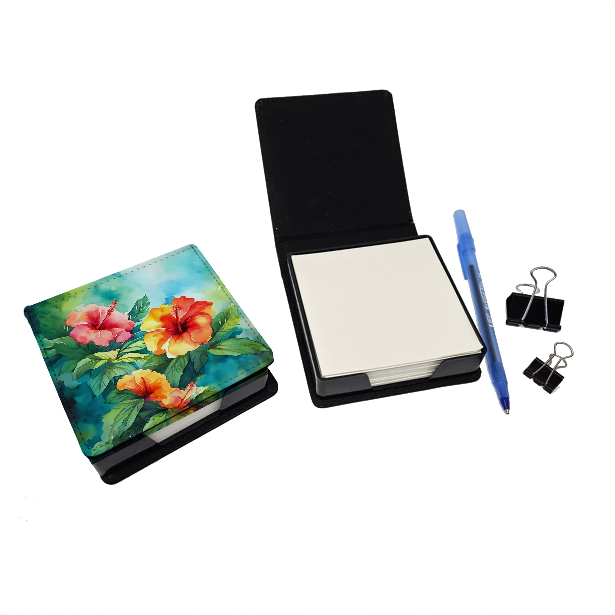 Hawaii Hawaiian Hibiscus in Watercolor PU Leather Note Paper Holder with Artist-Designed Cover, Desk Accessory, Office Gift