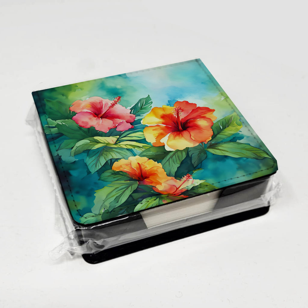 Hawaii Hawaiian Hibiscus in Watercolor PU Leather Note Paper Holder with Artist-Designed Cover, Desk Accessory, Office Gift