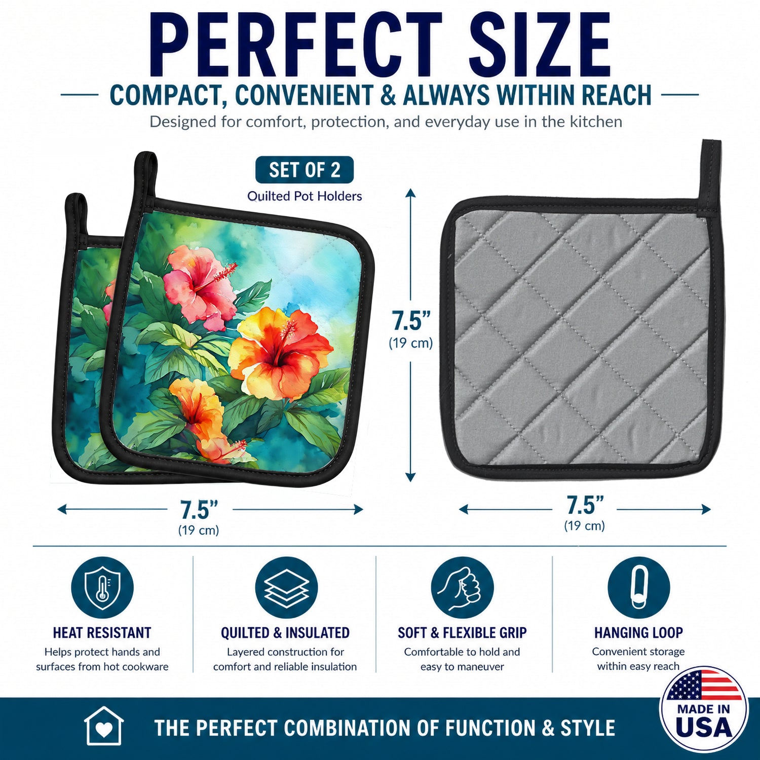 Hawaii Hawaiian Hibiscus in Watercolor Pot Holder Set of 2 Heat Resistant Quilted Hot Pads 7.5 x 7.5 Inch, Insulated Kitchen Trivets for Cooking & Baking