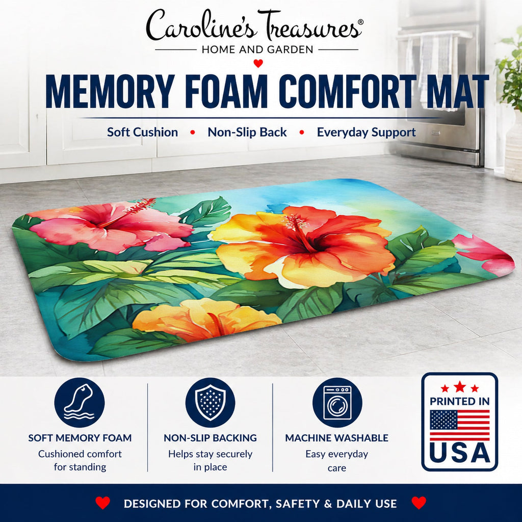 Hawaii Hawaiian Hibiscus in Watercolor Memory Foam Kitchen Mat Machine Washable Anti-Fatigue Cushion Comfort Bath or Kitchen Rug