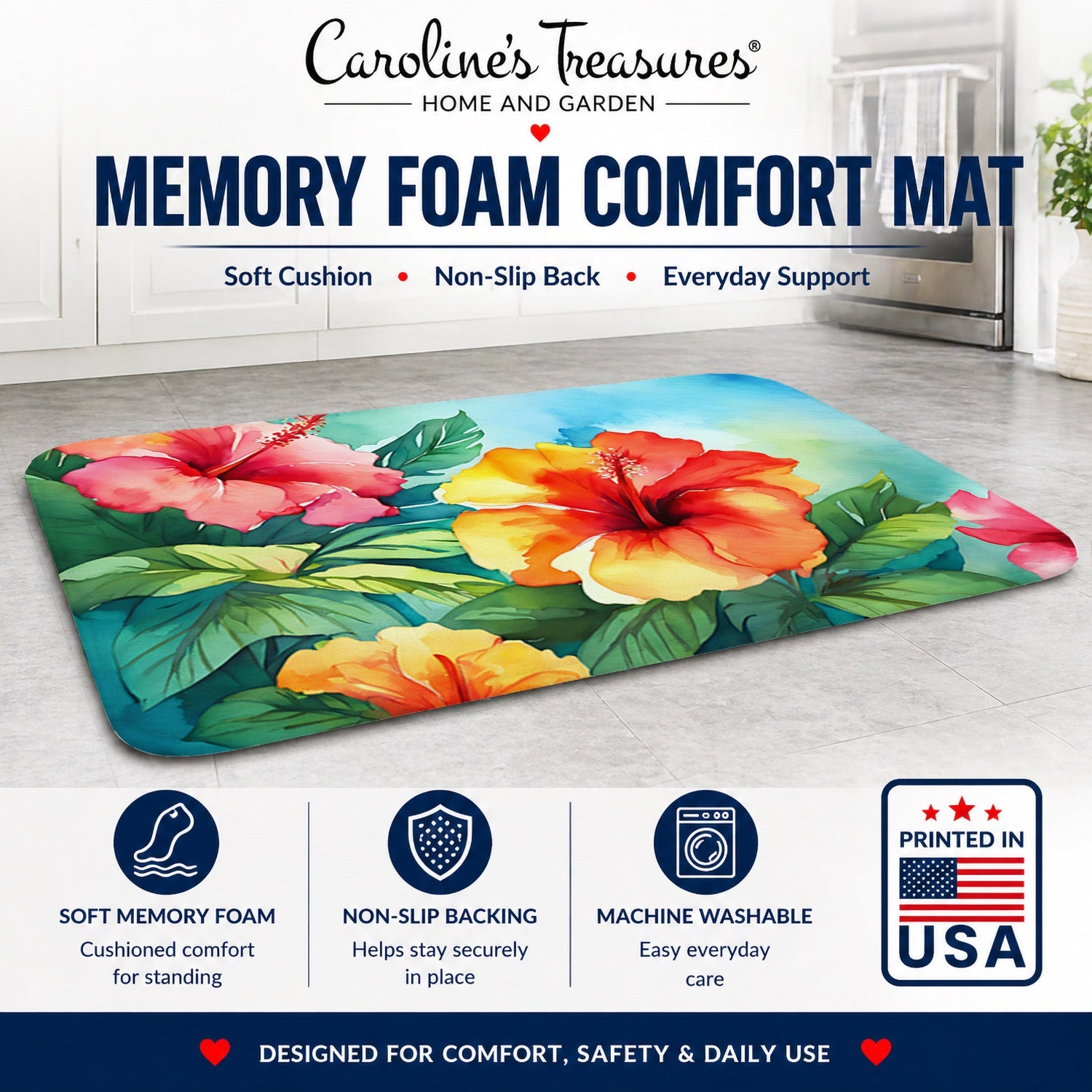 Hawaii Hawaiian Hibiscus in Watercolor Memory Foam Kitchen Mat Machine Washable Anti-Fatigue Cushion Comfort Bath or Kitchen Rug
