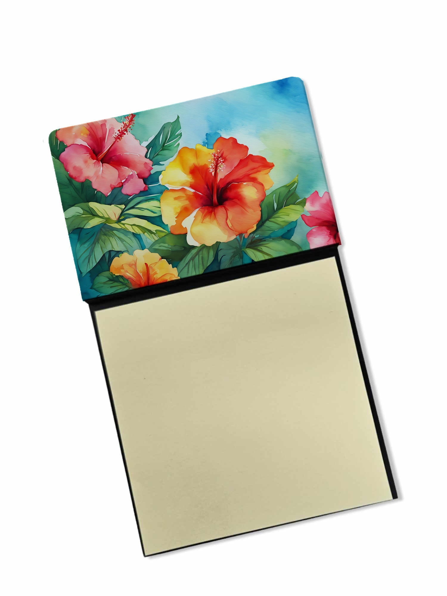 Hawaii Hawaiian Hibiscus in Watercolor Watercolor Sticky Note Holder Refillable Dispenser Desk Accessory 3x3 Pad Gift