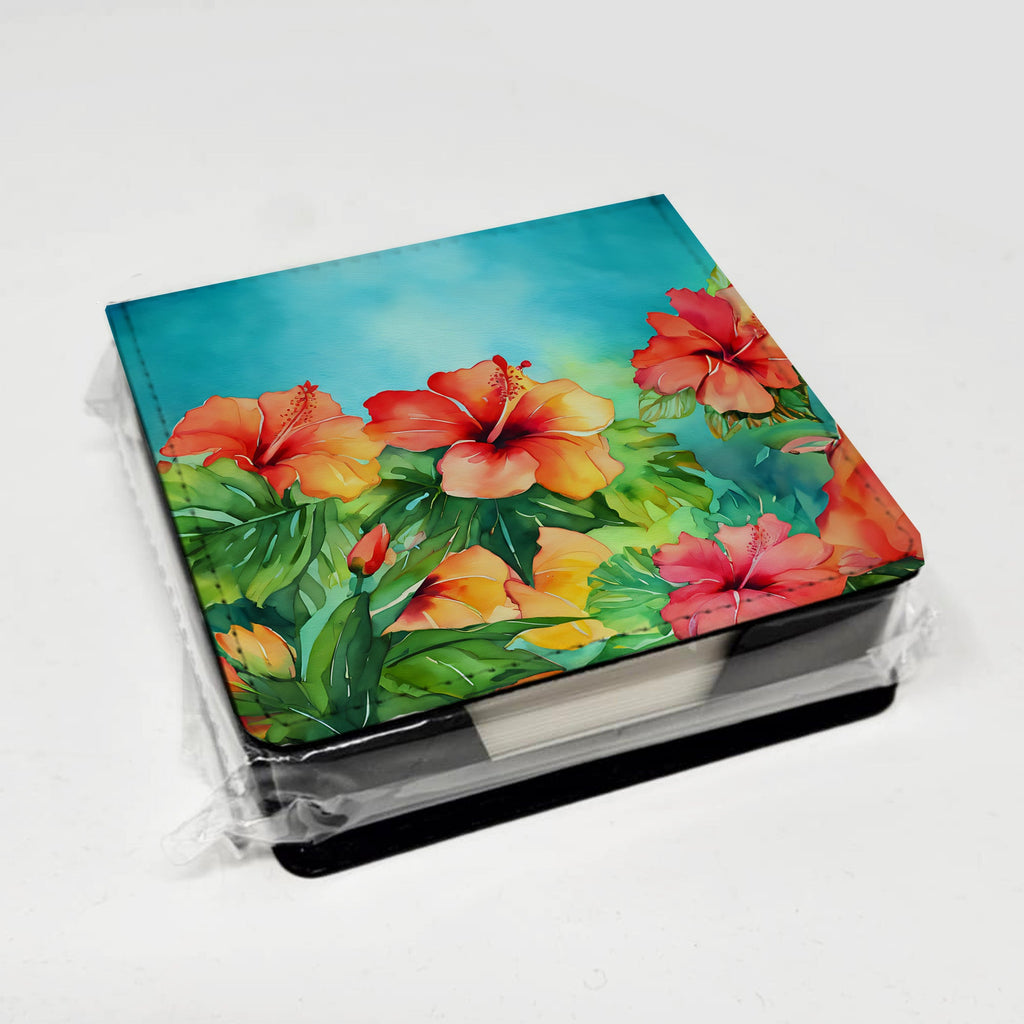 Hawaii Hawaiian Hibiscus in Watercolor PU Leather Note Paper Holder with Artist-Designed Cover, Desk Accessory, Office Gift