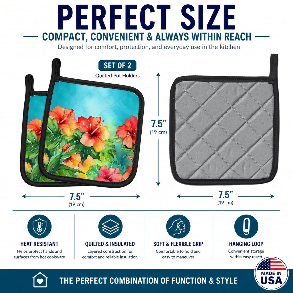 Hawaii Hawaiian Hibiscus in Watercolor Pot Holder Set of 2 Heat Resistant Quilted Hot Pads 7.5 x 7.5 Inch, Insulated Kitchen Trivets for Cooking & Baking