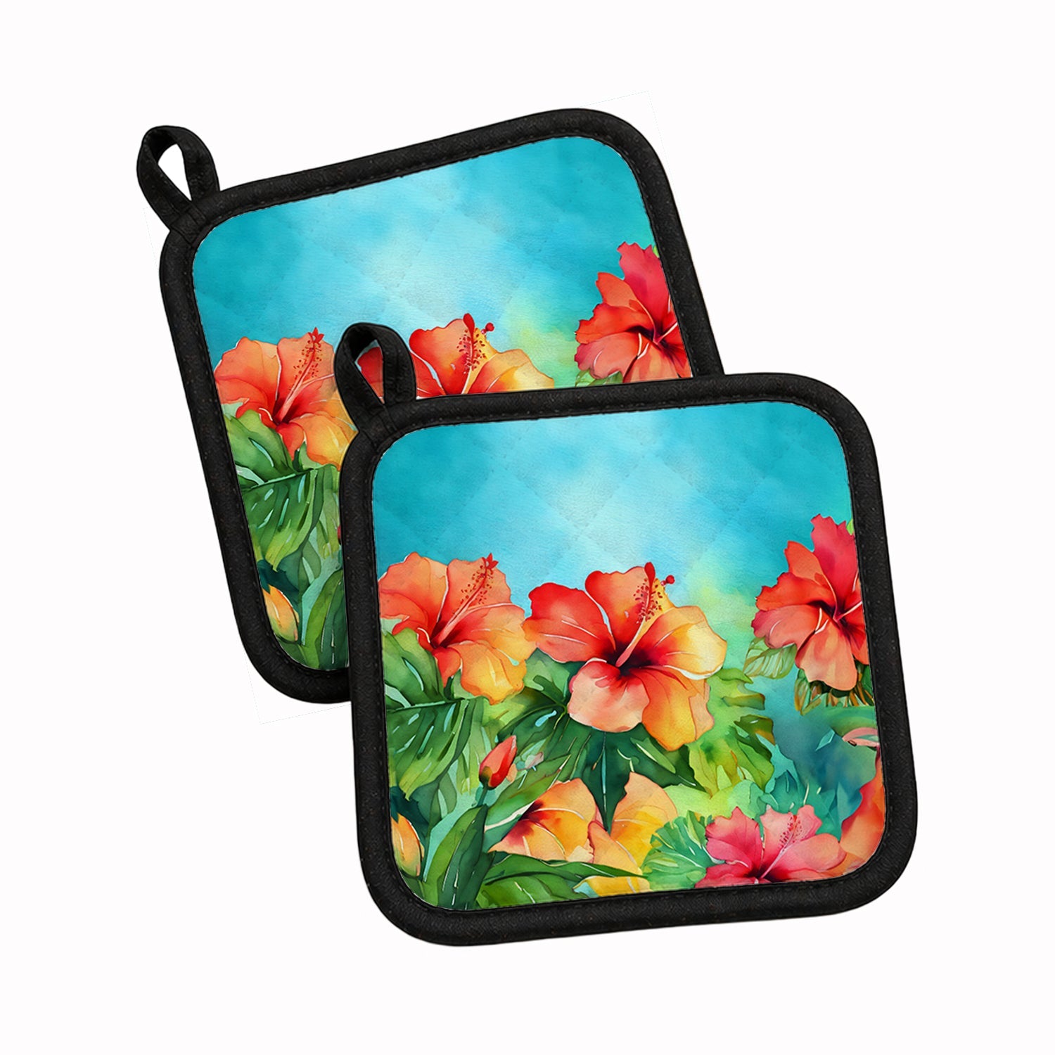 Hawaii Hawaiian Hibiscus in Watercolor Pot Holder Set of 2 Heat Resistant Quilted Hot Pads 7.5 x 7.5 Inch, Insulated Kitchen Trivets for Cooking & Baking