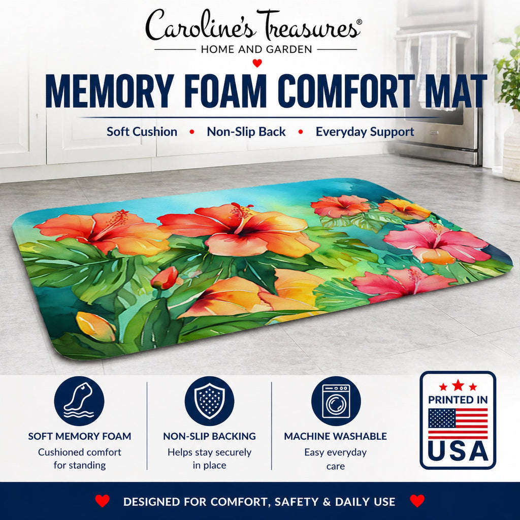 Hawaii Hawaiian Hibiscus in Watercolor Memory Foam Kitchen Mat Machine Washable Anti-Fatigue Cushion Comfort Bath or Kitchen Rug