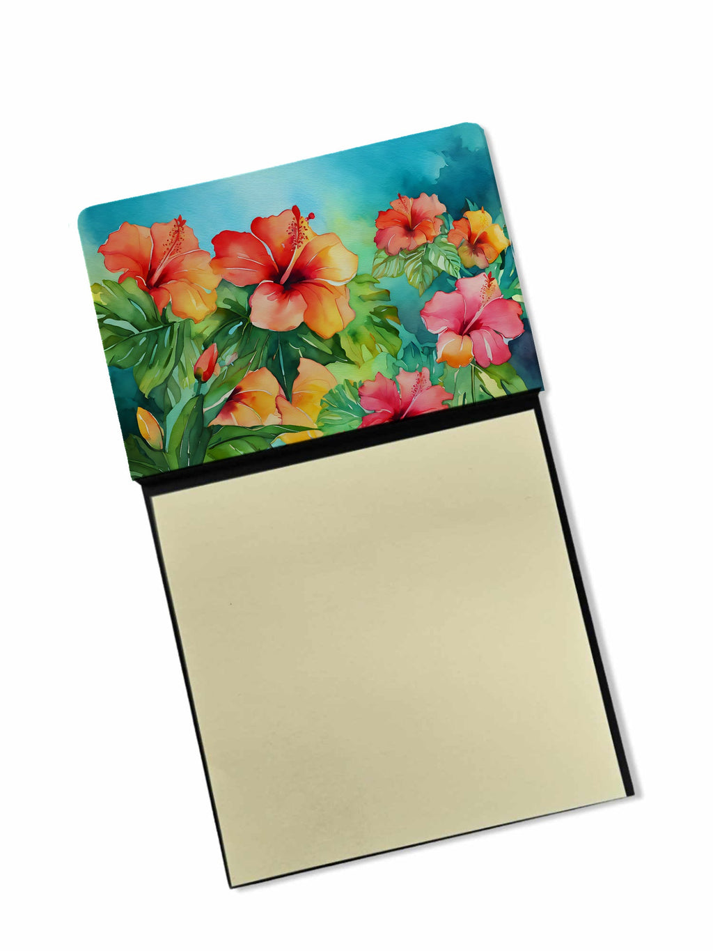 Hawaii Hawaiian Hibiscus in Watercolor Watercolor Sticky Note Holder Refillable Dispenser Desk Accessory 3x3 Pad Gift
