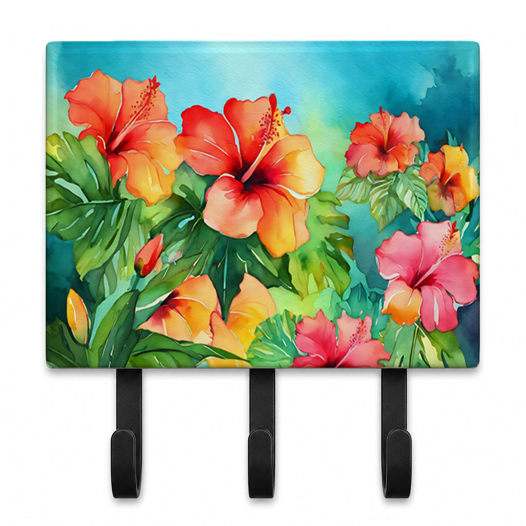 Hawaii Hawaiian Hibiscus in Watercolor Leash or Key Holder Wall Hooks, Coat Rack Wall Mount, for Hanging Keys, Towels, Aprons, Leashes
