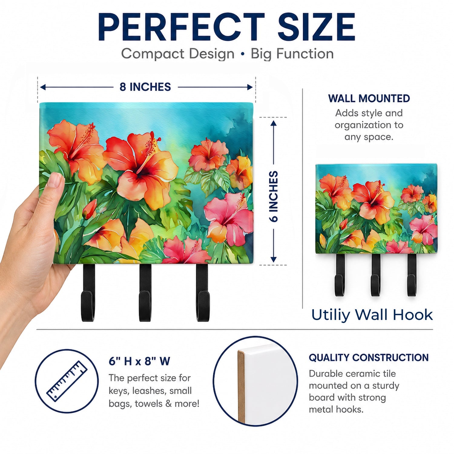 Hawaii Hawaiian Hibiscus in Watercolor Leash or Key Holder Wall Hooks, Coat Rack Wall Mount, for Hanging Keys, Towels, Aprons, Leashes