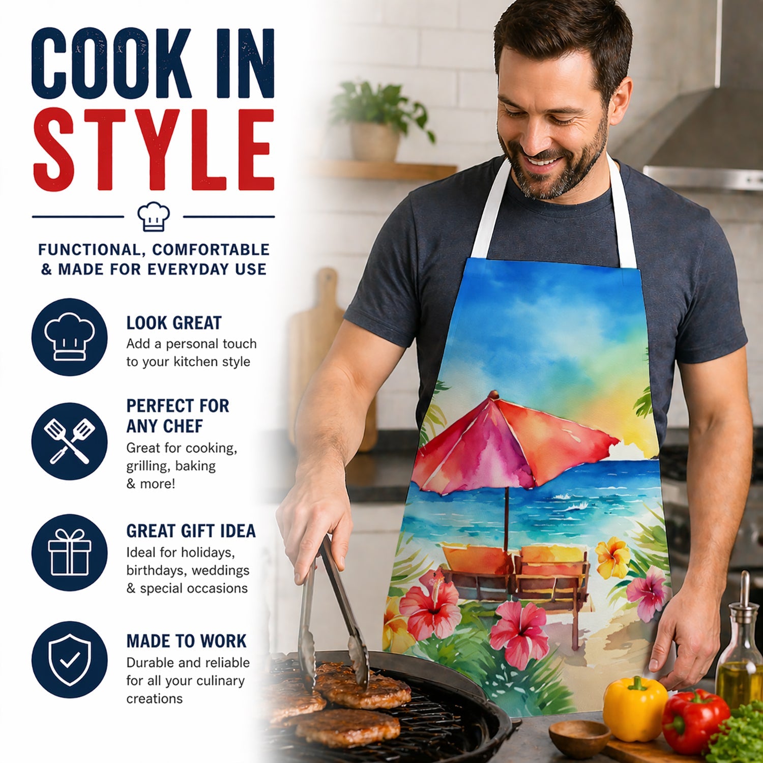 Hawaii Hawaiian Hibiscus in Watercolor Apron Cooking Kitchen Server Baking Crafts Gardening for Adult Women Men, Unisex, Large, Multicolor