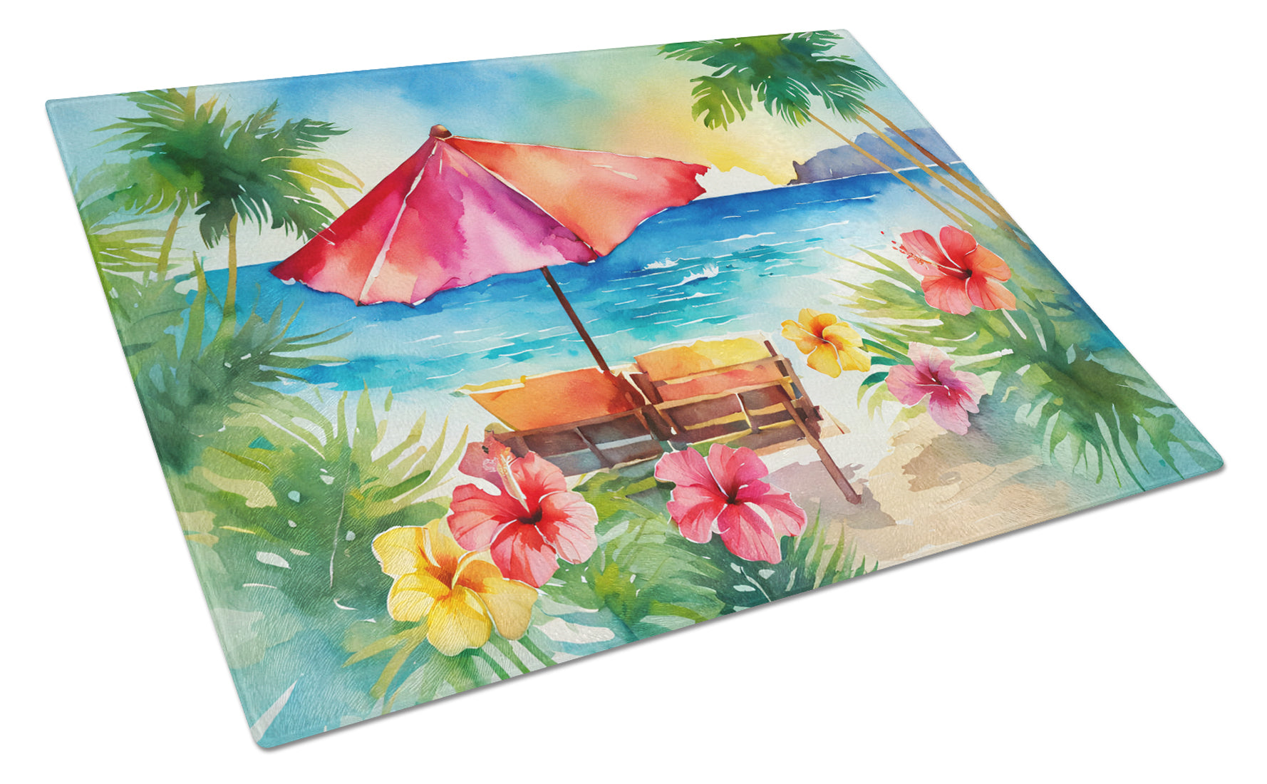 Hawaii Hawaiian Hibiscus in Watercolor Cutting Board Tempered Glass Kitchen Cutting Surface, Heat Resistant Chopping, Non-Slip Feet, Food Prep & Serving