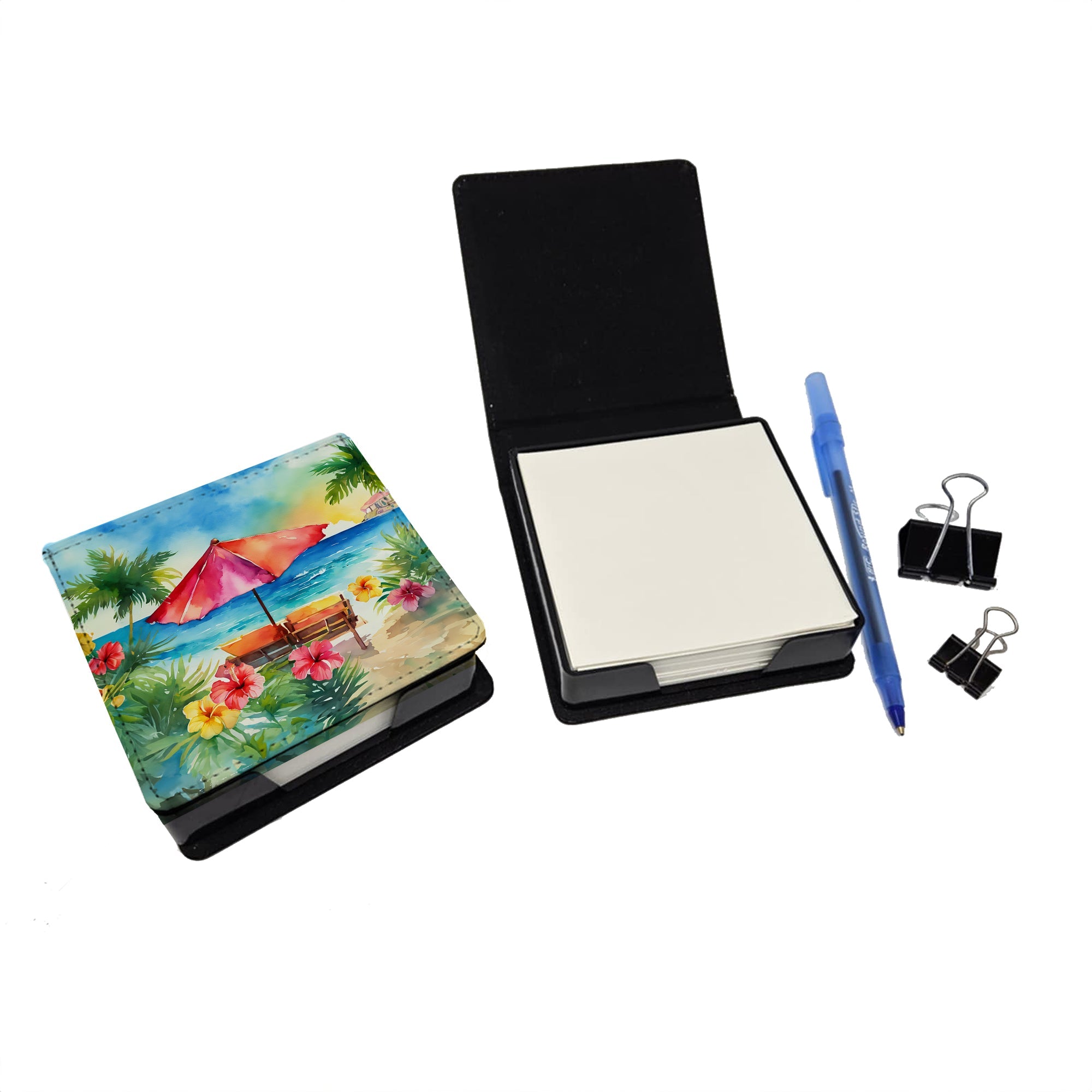 Hawaii Hawaiian Hibiscus in Watercolor PU Leather Note Paper Holder with Artist-Designed Cover, Desk Accessory, Office Gift