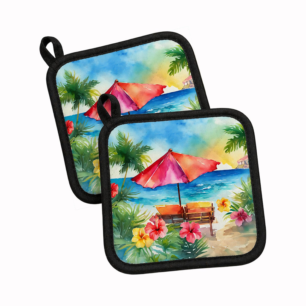 Hawaii Hawaiian Hibiscus in Watercolor Pot Holder Set of 2 Heat Resistant Quilted Hot Pads 7.5 x 7.5 Inch, Insulated Kitchen Trivets for Cooking & Baking