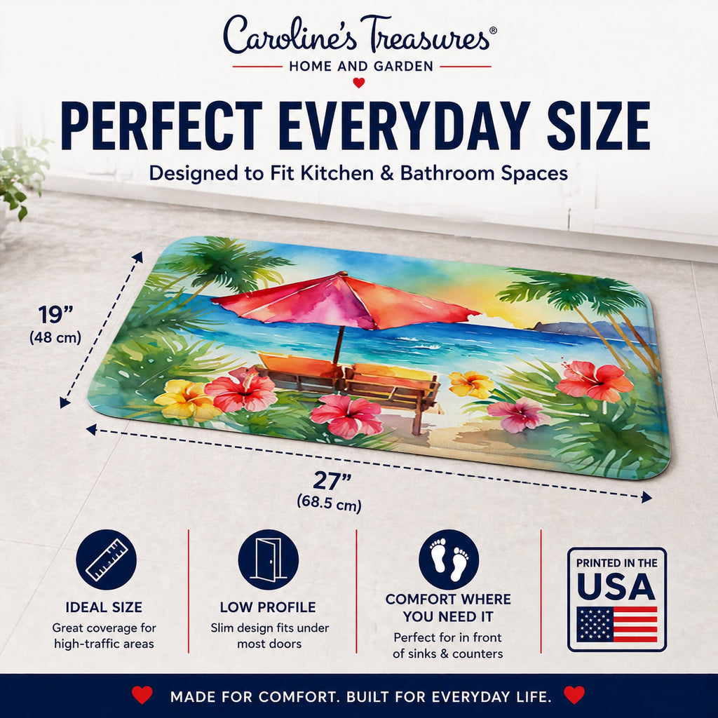 Hawaii Hawaiian Hibiscus in Watercolor Memory Foam Kitchen Mat Machine Washable Anti-Fatigue Cushion Comfort Bath or Kitchen Rug