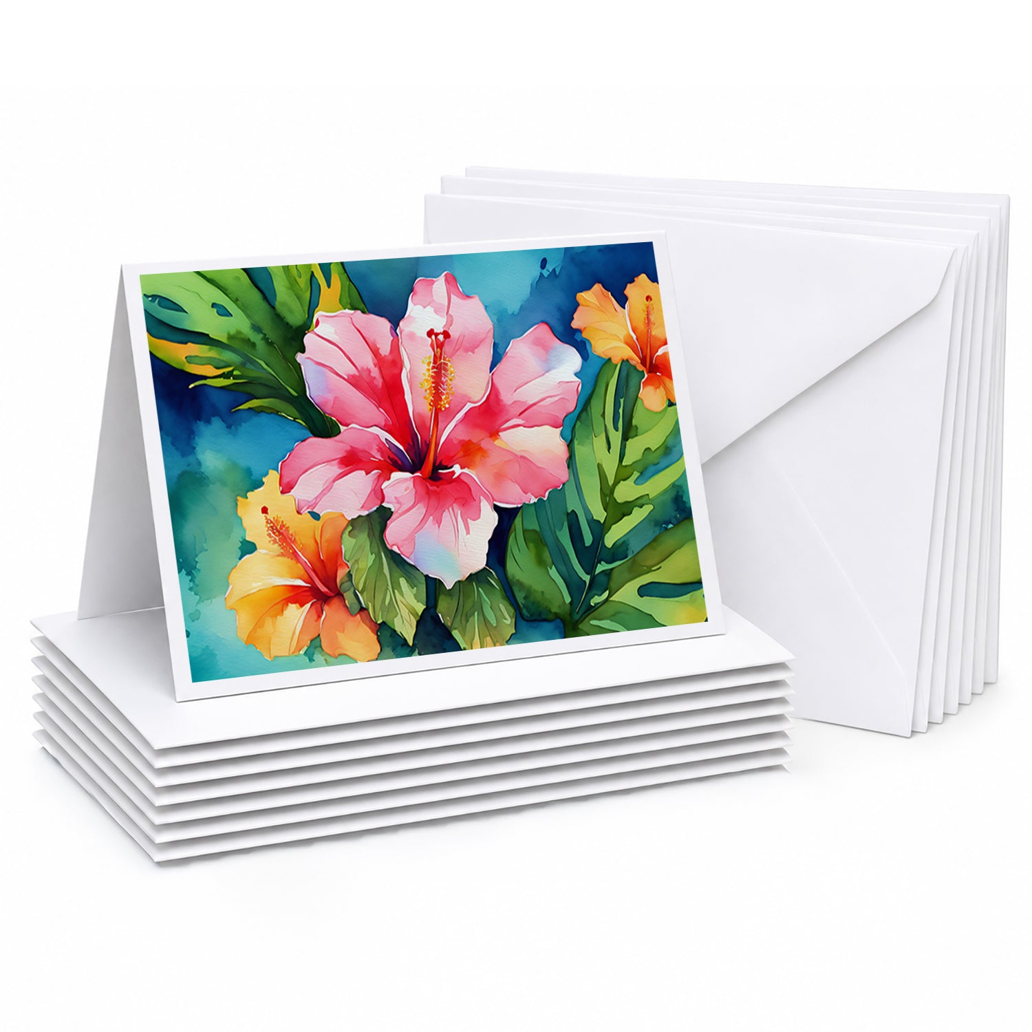 Hawaii Hawaiian Hibiscus in Watercolor Greeting Cards Pack of 8 Blank Cards with Envelopes Whimsical A7 Size 5x7