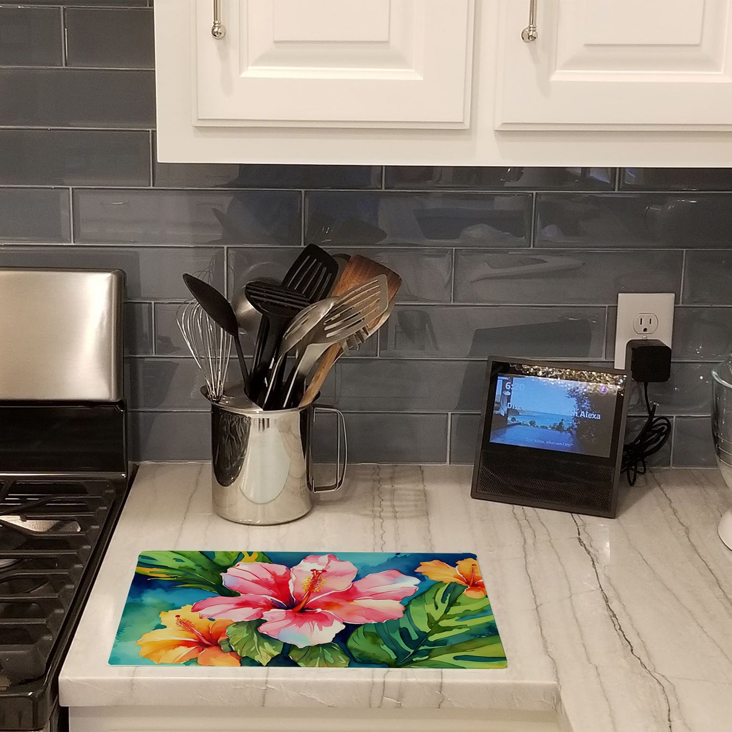 Hawaii Hawaiian Hibiscus in Watercolor Cutting Board Tempered Glass Kitchen Cutting Surface, Heat Resistant Chopping, Non-Slip Feet, Food Prep & Serving