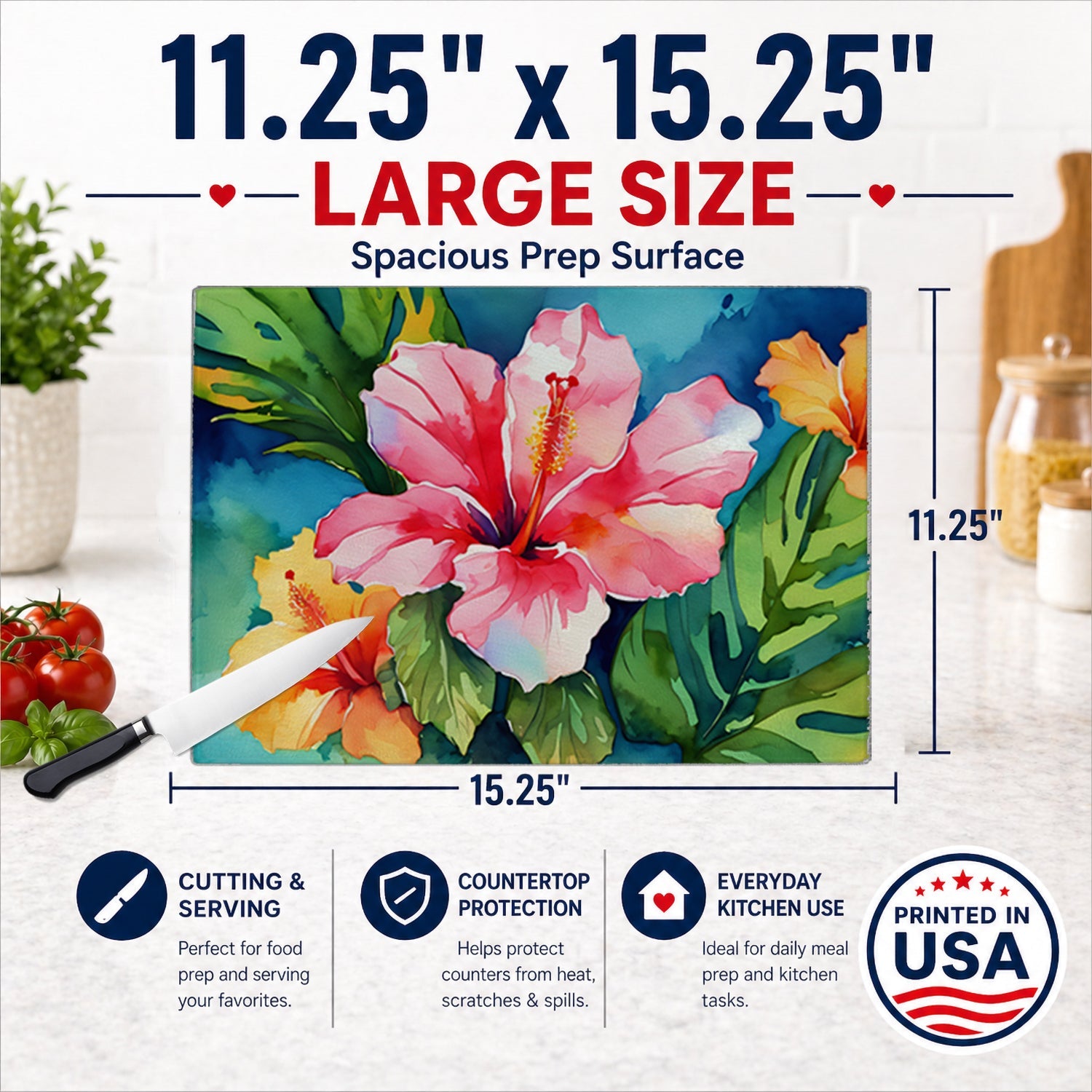Hawaii Hawaiian Hibiscus in Watercolor Cutting Board Tempered Glass Kitchen Cutting Surface, Heat Resistant Chopping, Non-Slip Feet, Food Prep & Serving