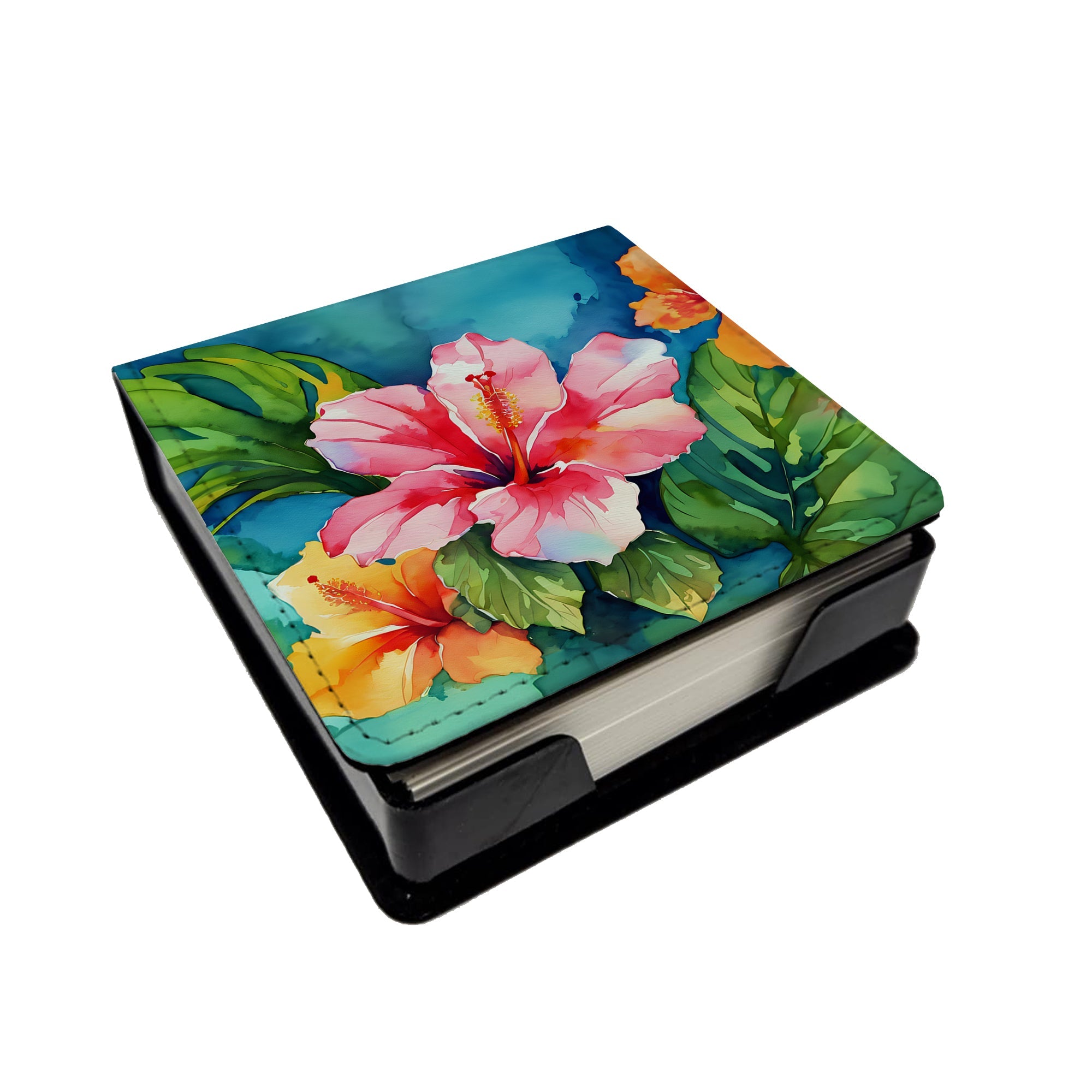 Hawaii Hawaiian Hibiscus in Watercolor PU Leather Note Paper Holder with Artist-Designed Cover, Desk Accessory, Office Gift