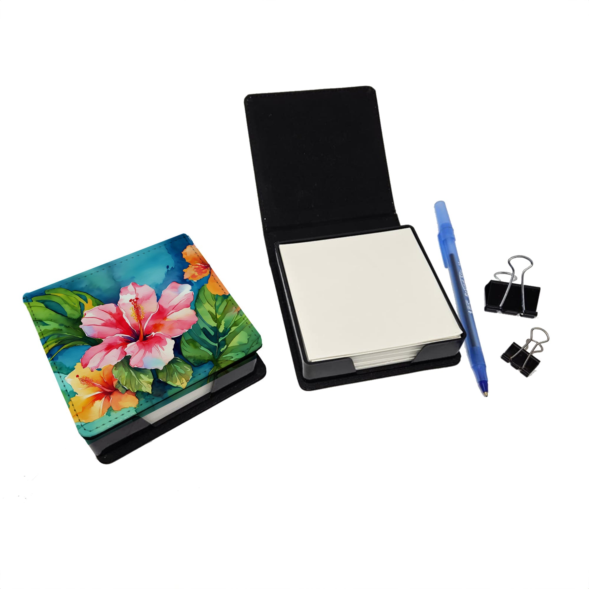 Hawaii Hawaiian Hibiscus in Watercolor PU Leather Note Paper Holder with Artist-Designed Cover, Desk Accessory, Office Gift