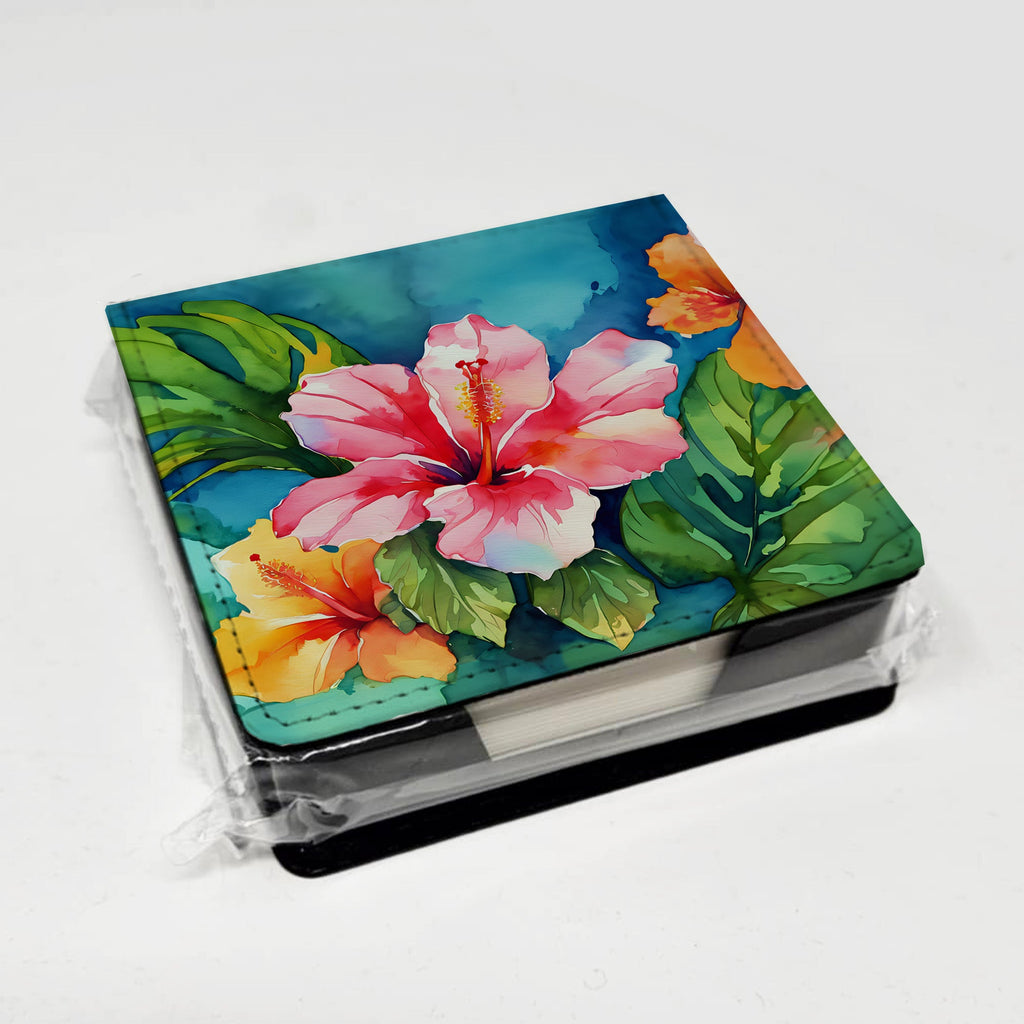 Hawaii Hawaiian Hibiscus in Watercolor PU Leather Note Paper Holder with Artist-Designed Cover, Desk Accessory, Office Gift