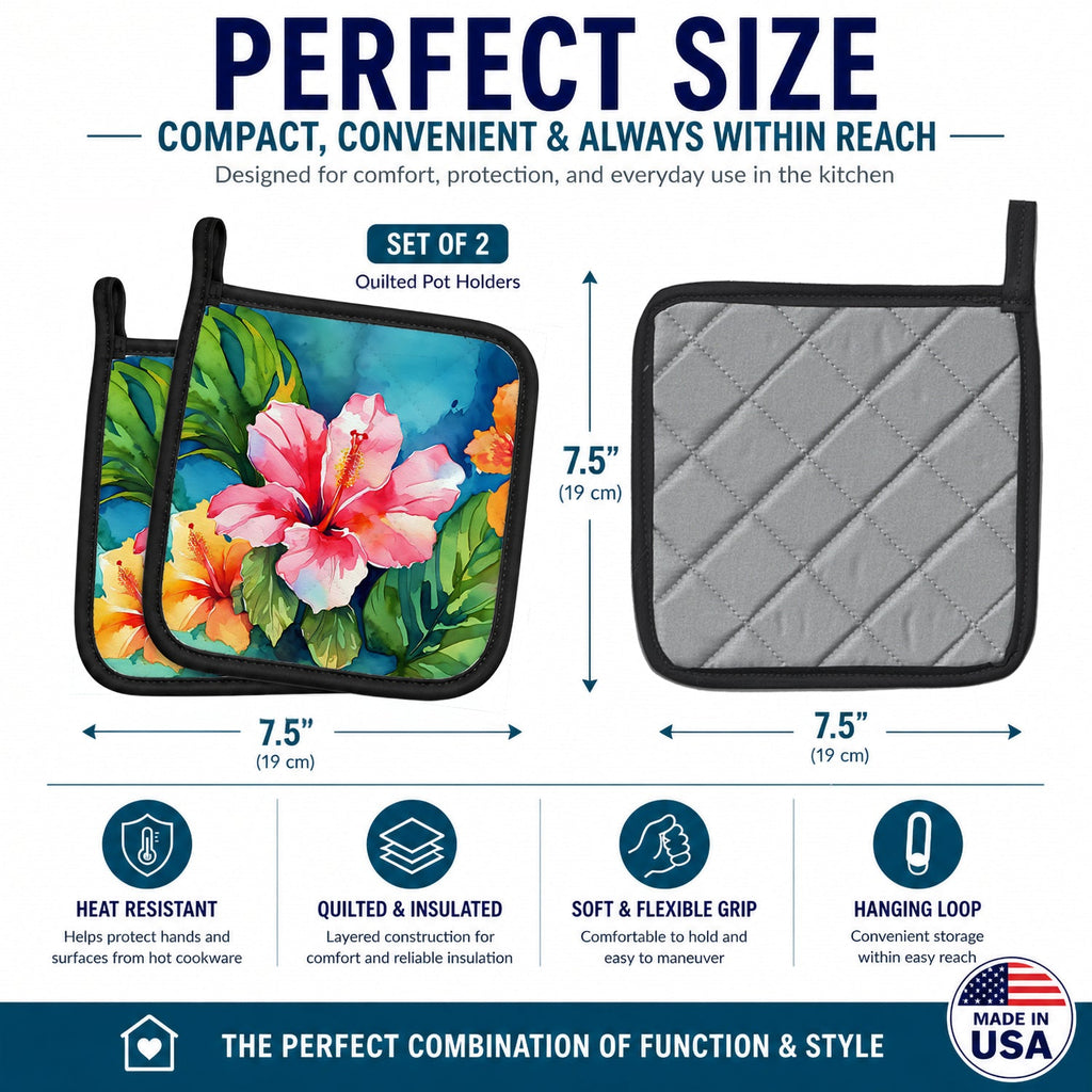 Hawaii Hawaiian Hibiscus in Watercolor Pot Holder Set of 2 Heat Resistant Quilted Hot Pads 7.5 x 7.5 Inch, Insulated Kitchen Trivets for Cooking & Baking
