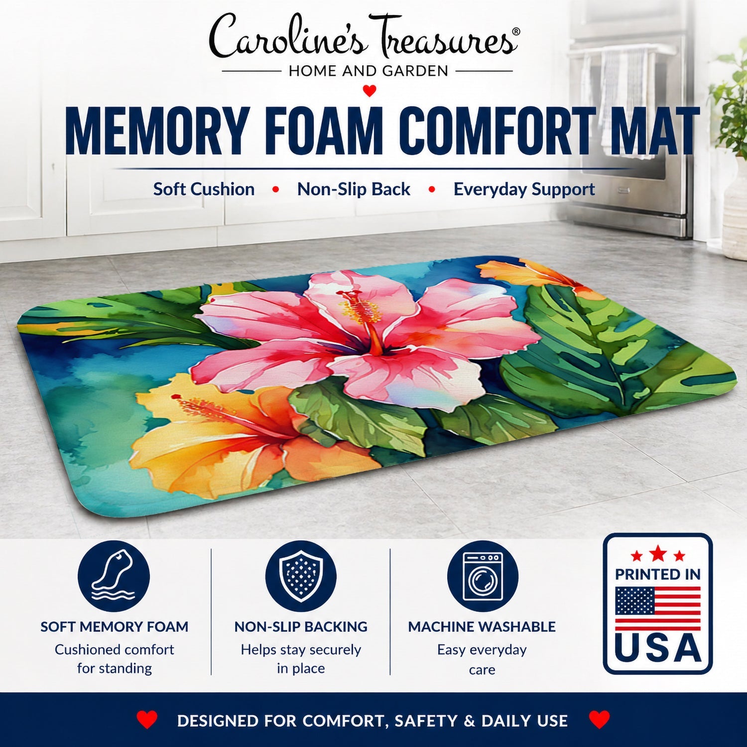 Hawaii Hawaiian Hibiscus in Watercolor Memory Foam Kitchen Mat Machine Washable Anti-Fatigue Cushion Comfort Bath or Kitchen Rug