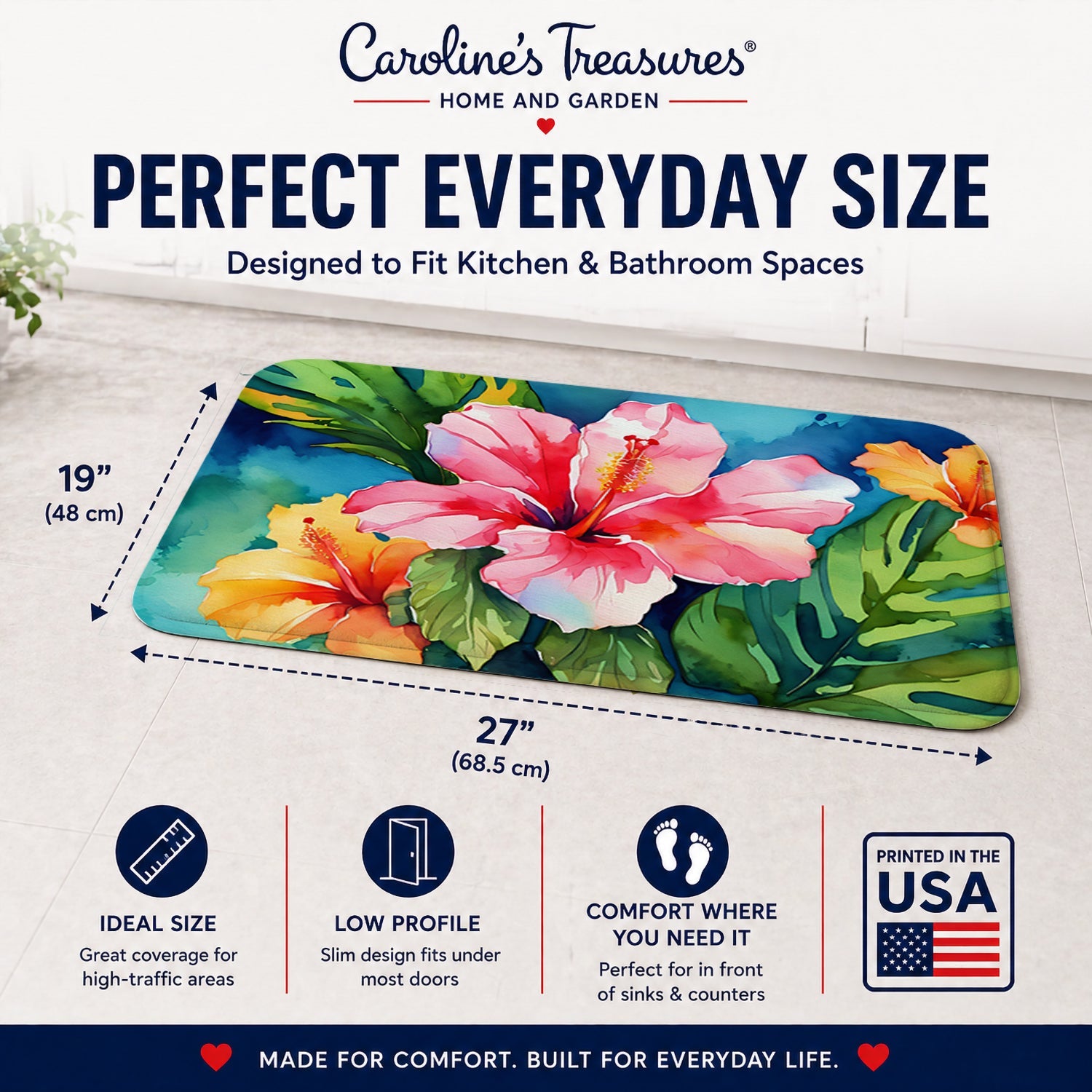 Hawaii Hawaiian Hibiscus in Watercolor Memory Foam Kitchen Mat Machine Washable Anti-Fatigue Cushion Comfort Bath or Kitchen Rug