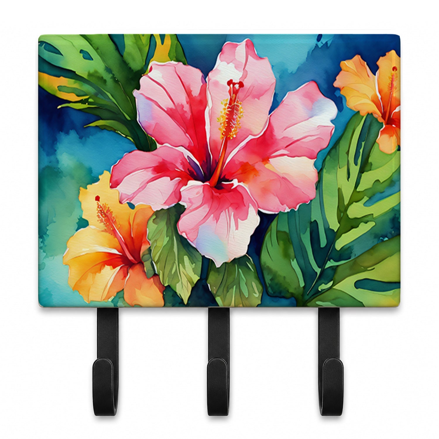 Hawaii Hawaiian Hibiscus in Watercolor Leash or Key Holder Wall Hooks, Coat Rack Wall Mount, for Hanging Keys, Towels, Aprons, Leashes