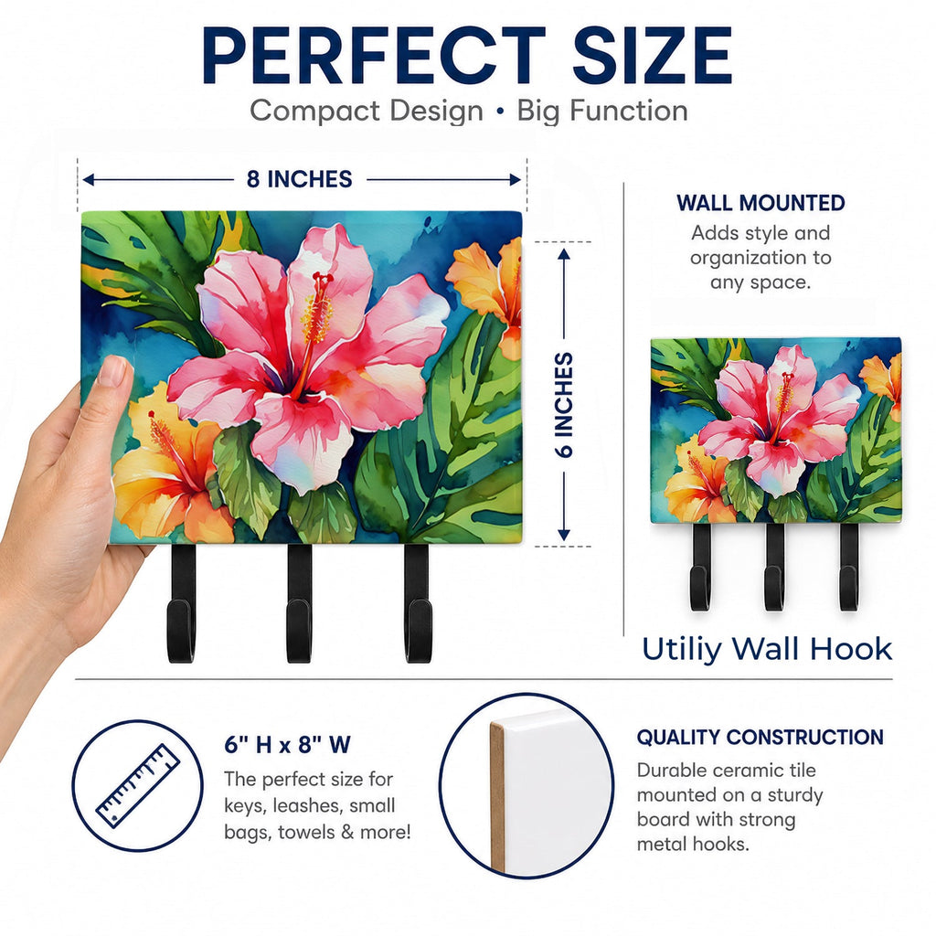 Hawaii Hawaiian Hibiscus in Watercolor Leash or Key Holder Wall Hooks, Coat Rack Wall Mount, for Hanging Keys, Towels, Aprons, Leashes