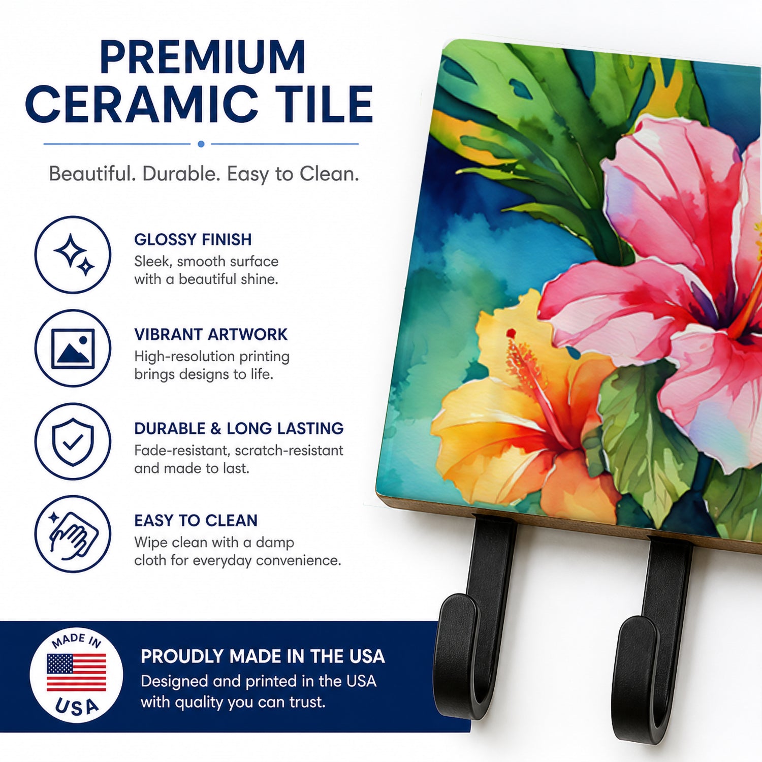 Hawaii Hawaiian Hibiscus in Watercolor Leash or Key Holder Wall Hooks, Coat Rack Wall Mount, for Hanging Keys, Towels, Aprons, Leashes