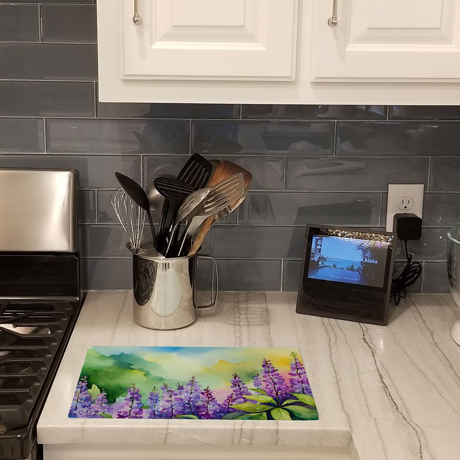 Idaho Syringa in Watercolor Cutting Board Tempered Glass Kitchen Cutting Surface, Heat Resistant Chopping, Non-Slip Feet, Food Prep & Serving