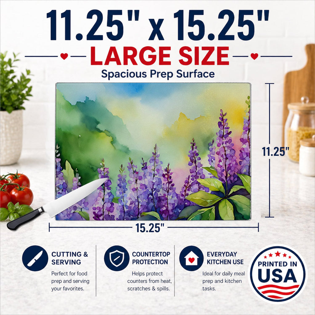 Idaho Syringa in Watercolor Cutting Board Tempered Glass Kitchen Cutting Surface, Heat Resistant Chopping, Non-Slip Feet, Food Prep & Serving
