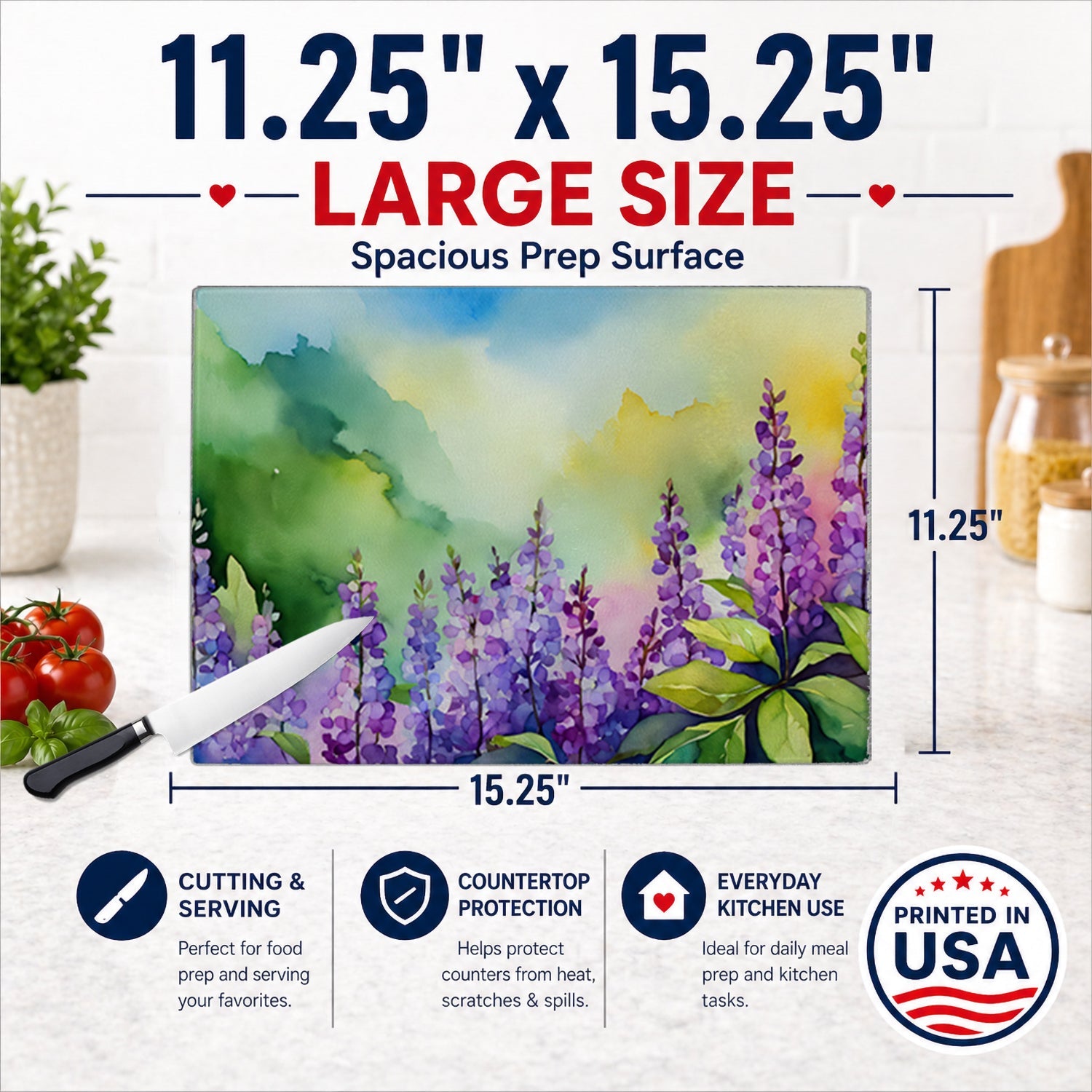 Idaho Syringa in Watercolor Cutting Board Tempered Glass Kitchen Cutting Surface, Heat Resistant Chopping, Non-Slip Feet, Food Prep & Serving