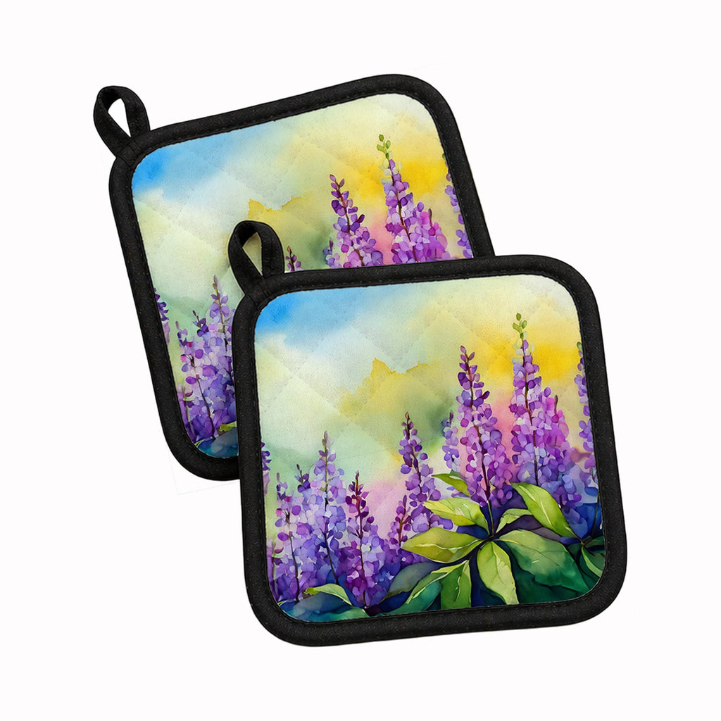 Idaho Syringa in Watercolor Pot Holder Set of 2 Heat Resistant Quilted Hot Pads 7.5 x 7.5 Inch, Insulated Kitchen Trivets for Cooking & Baking