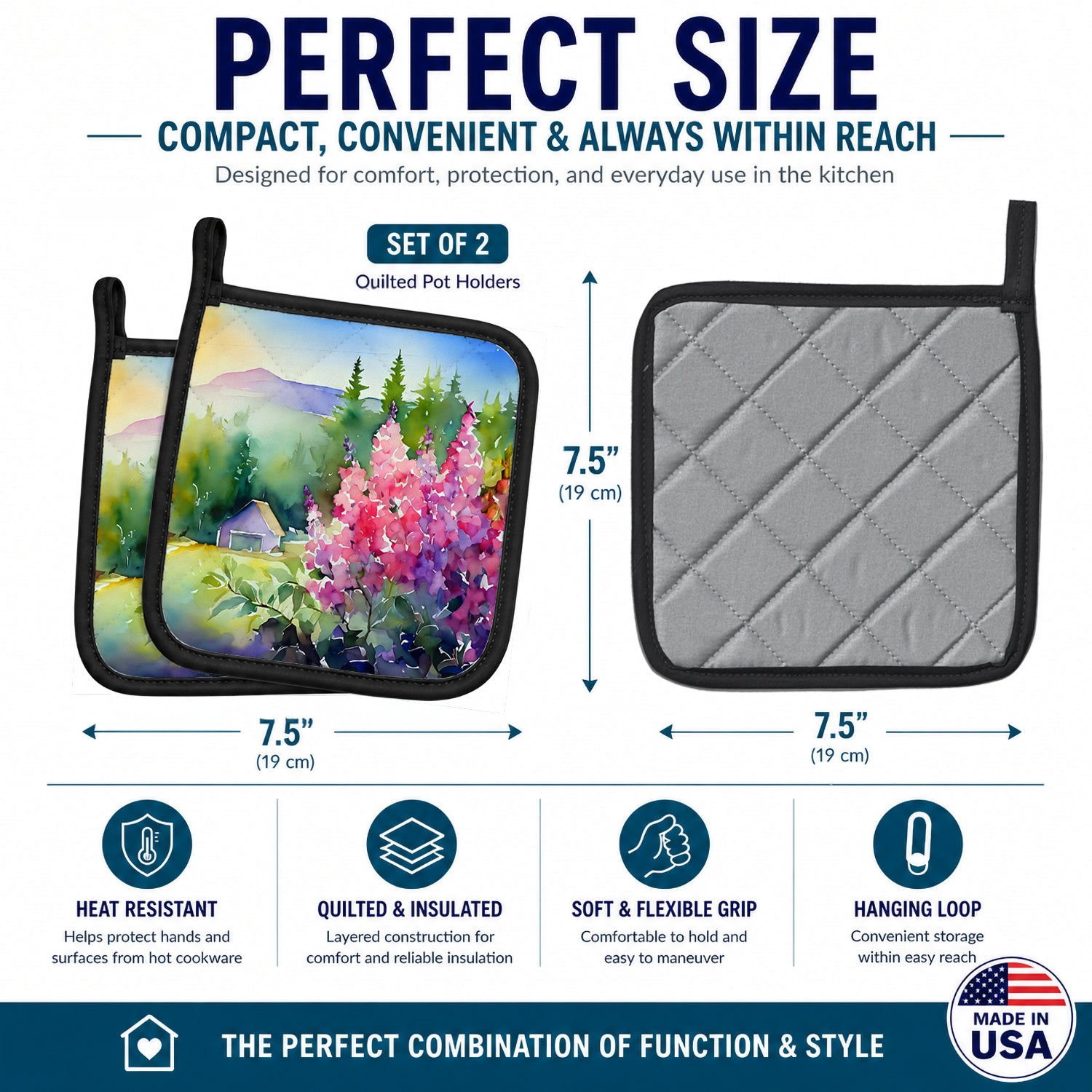 Idaho Syringa in Watercolor Pot Holder Set of 2 Heat Resistant Quilted Hot Pads 7.5 x 7.5 Inch, Insulated Kitchen Trivets for Cooking & Baking