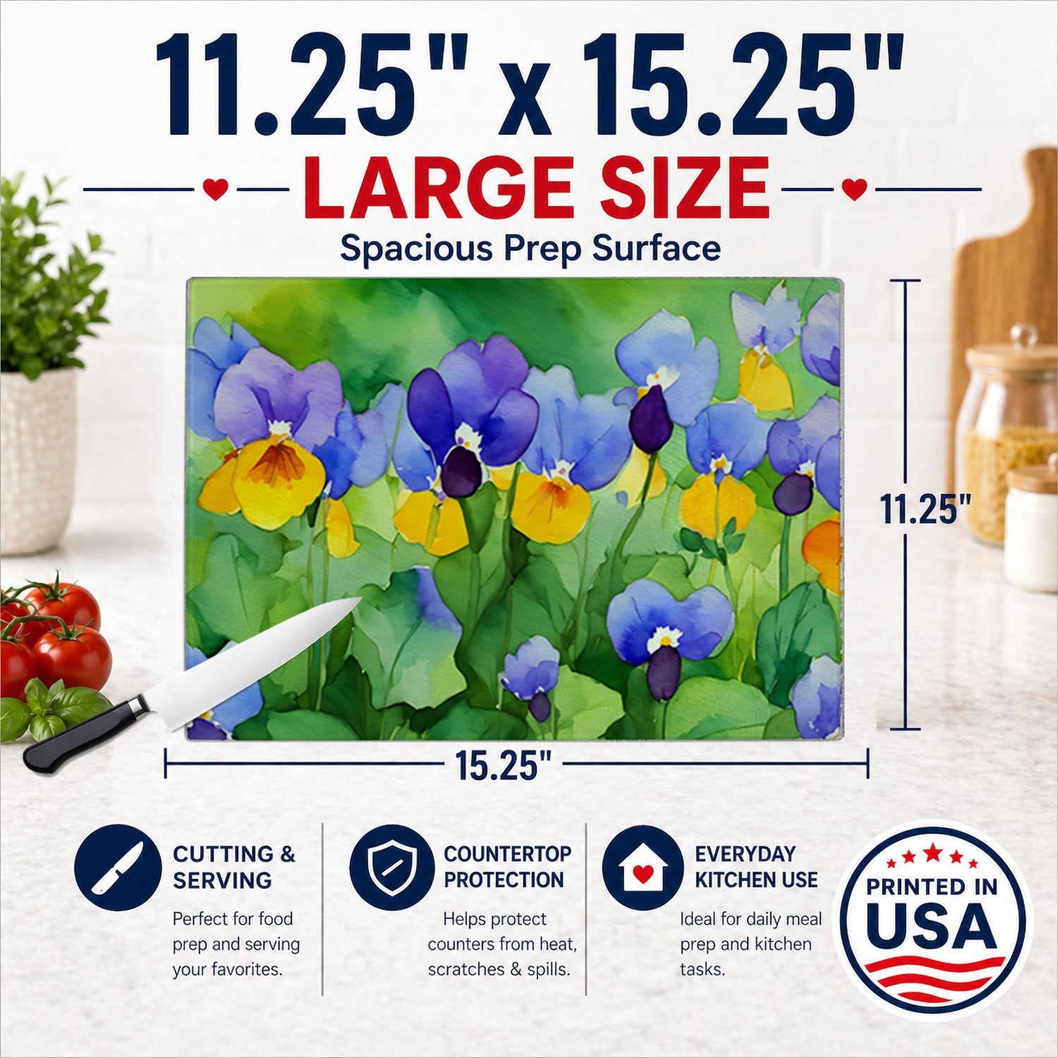 Illinois Violet in Watercolor Cutting Board Tempered Glass Kitchen Cutting Surface, Heat Resistant Chopping, Non-Slip Feet, Food Prep & Serving