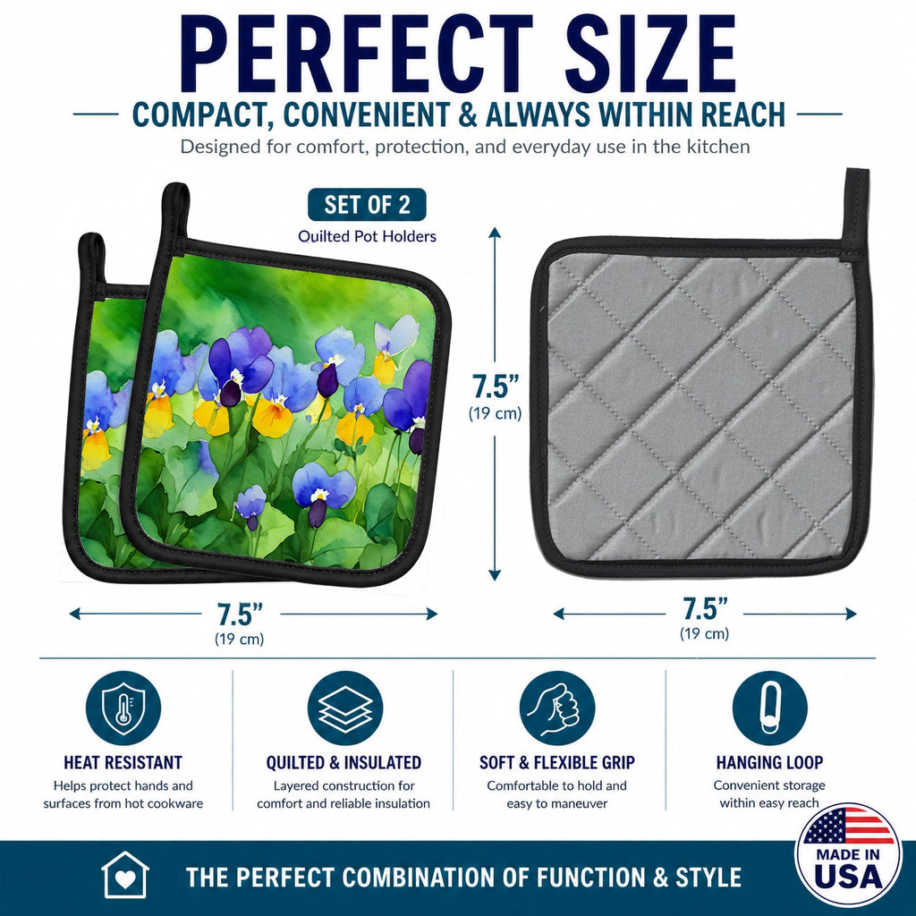 Illinois Violet in Watercolor Pot Holder Set of 2 Heat Resistant Quilted Hot Pads 7.5 x 7.5 Inch, Insulated Kitchen Trivets for Cooking & Baking