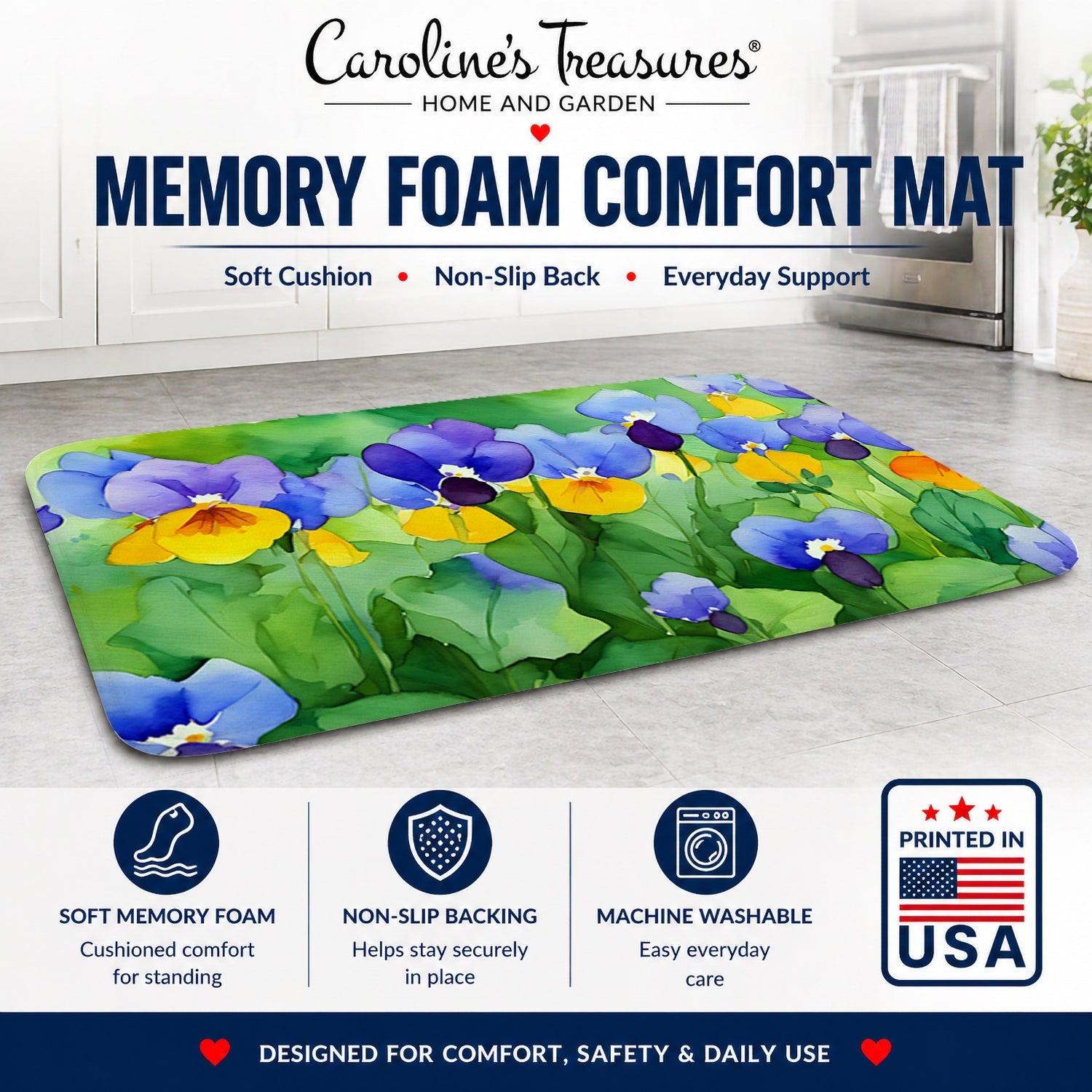 Illinois Violet in Watercolor Memory Foam Kitchen Mat Machine Washable Anti-Fatigue Cushion Comfort Bath or Kitchen Rug