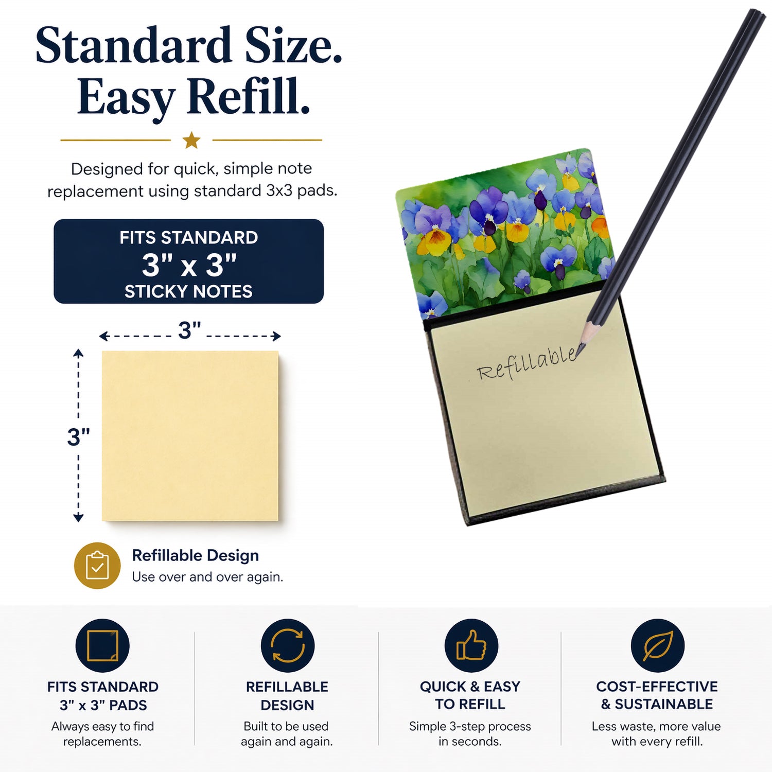 Illinois Violet in Watercolor Watercolor Sticky Note Holder Refillable Dispenser Desk Accessory 3x3 Pad Gift