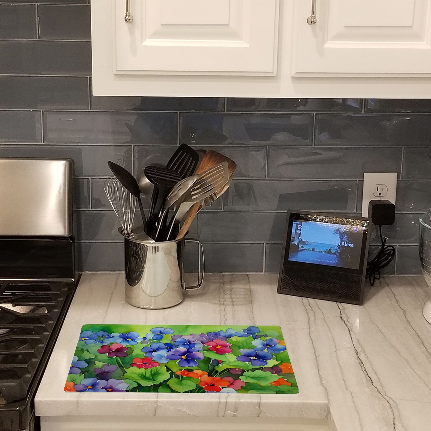 Illinois Violet in Watercolor Cutting Board Tempered Glass Kitchen Cutting Surface, Heat Resistant Chopping, Non-Slip Feet, Food Prep & Serving