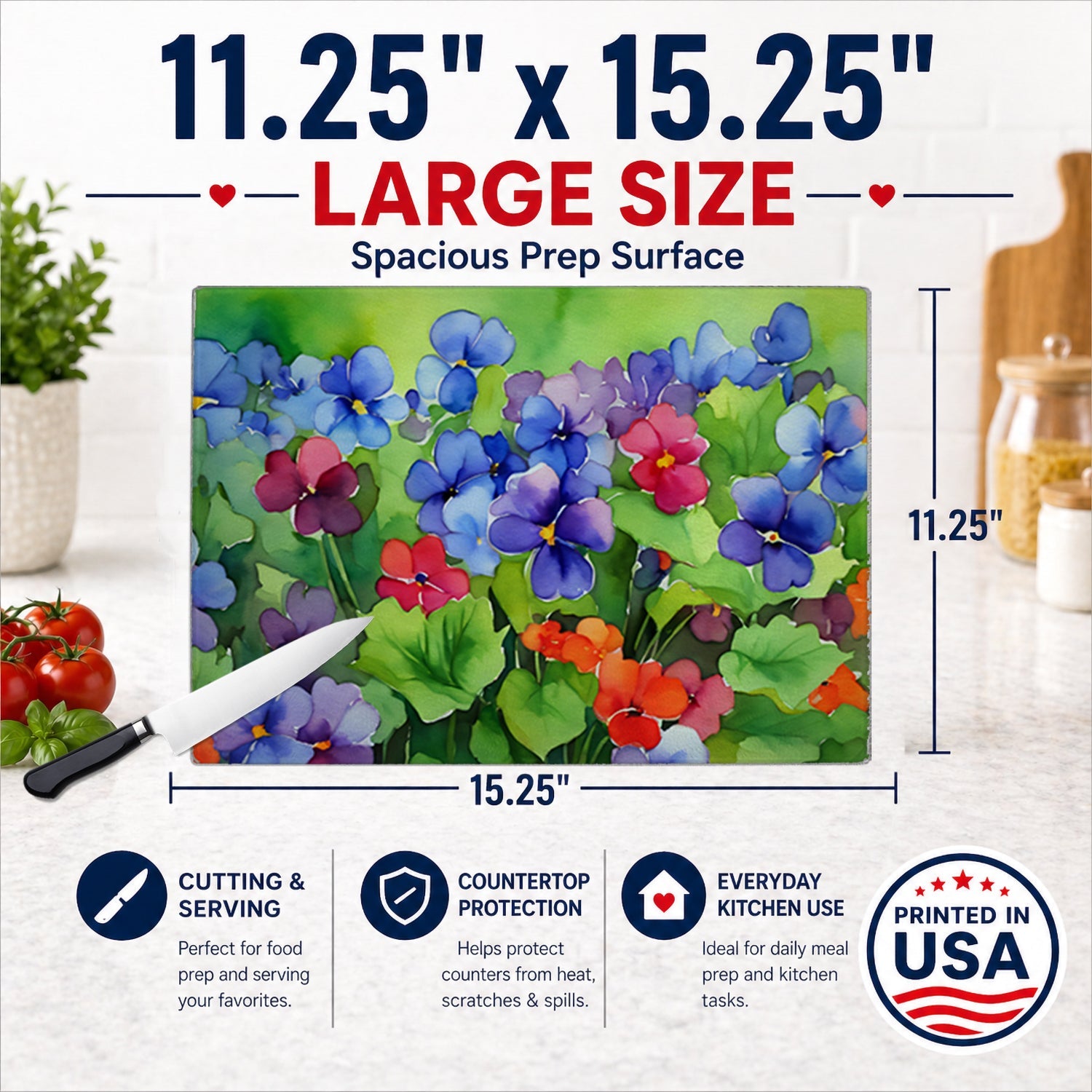 Illinois Violet in Watercolor Cutting Board Tempered Glass Kitchen Cutting Surface, Heat Resistant Chopping, Non-Slip Feet, Food Prep & Serving